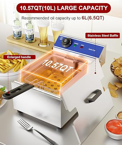 Miniatura 3 de DULONG Freidora eléctrica comercial, freidora de acero inoxidable para encimera de 10.57/10L con canasta, control de temperatura de 1500 W, freidora