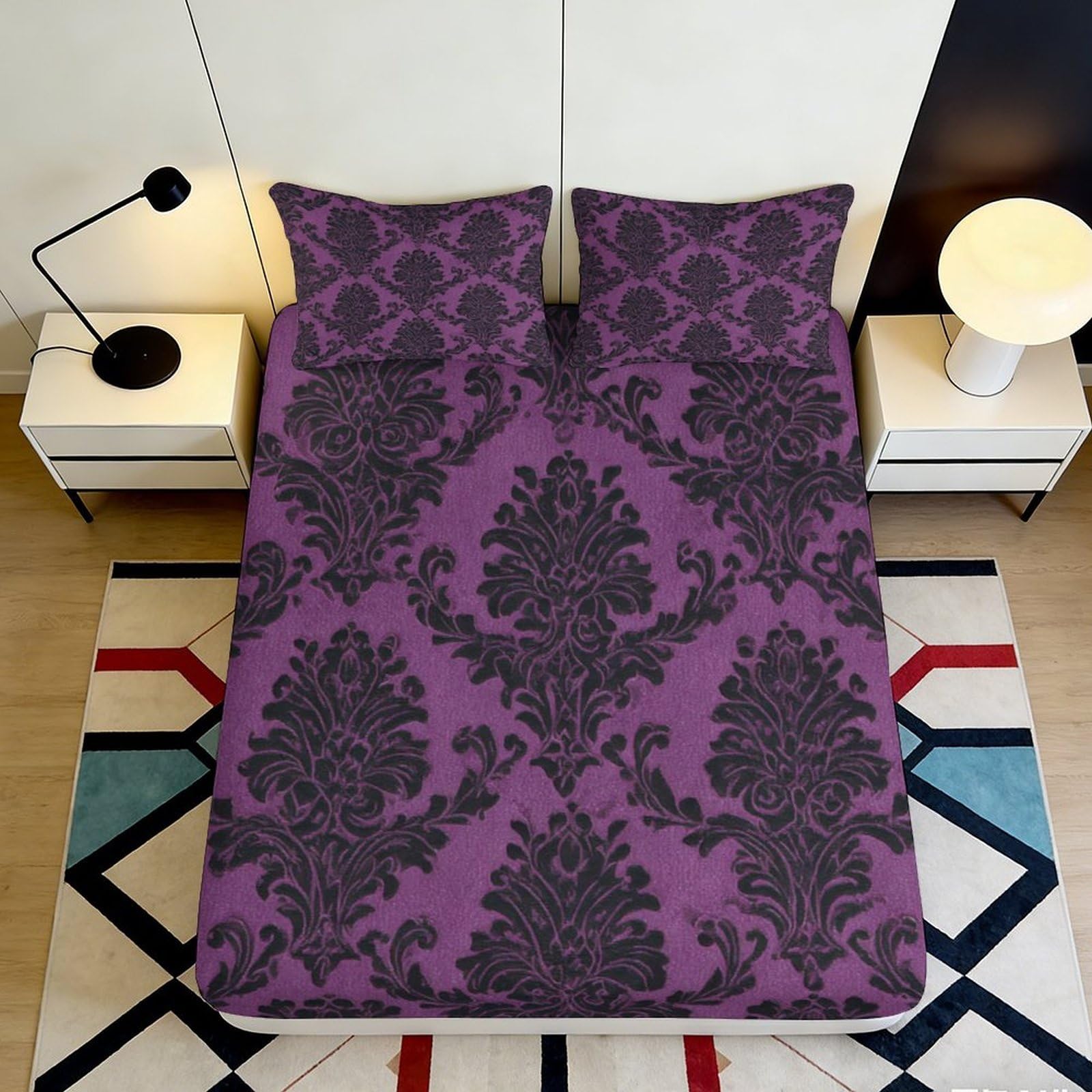 3D Printed Baroque Damask Fitted Sheet Microfiber Purple Ornate Mattress Cover Non Slip Soft for Bedroom Guest Room 90x200x25cm