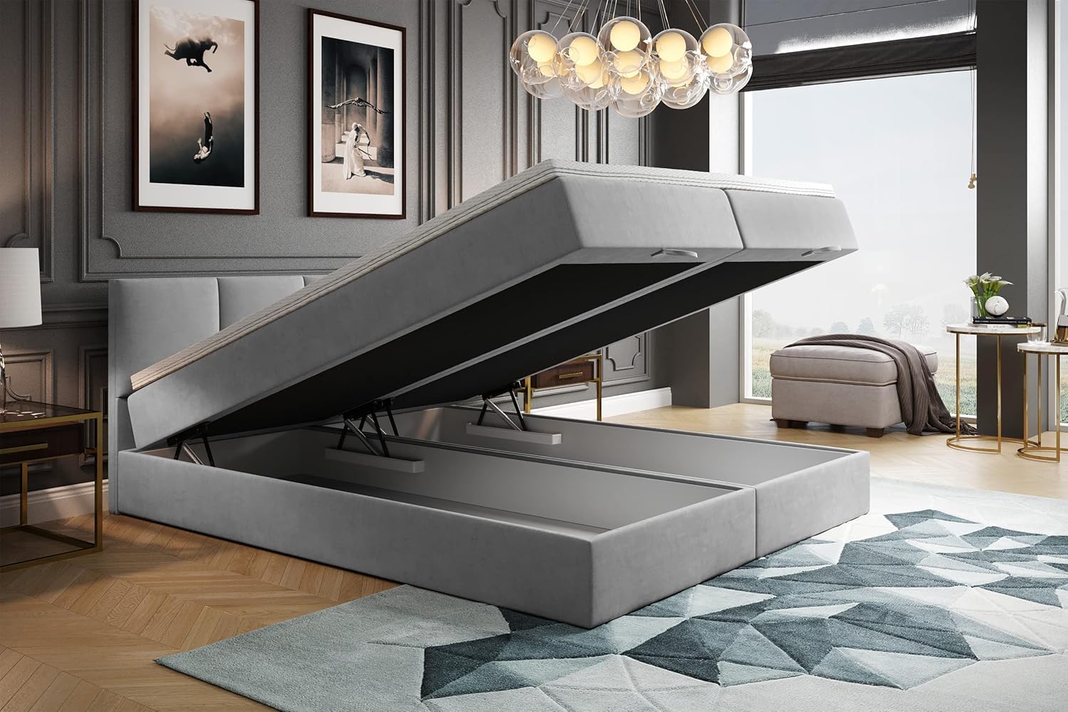 TRADA Matrimoniale con Contenitore 200x200 cm e Materasso Bonell - ROYAL - Letto Elegante con Topper 5 cm - Grigio