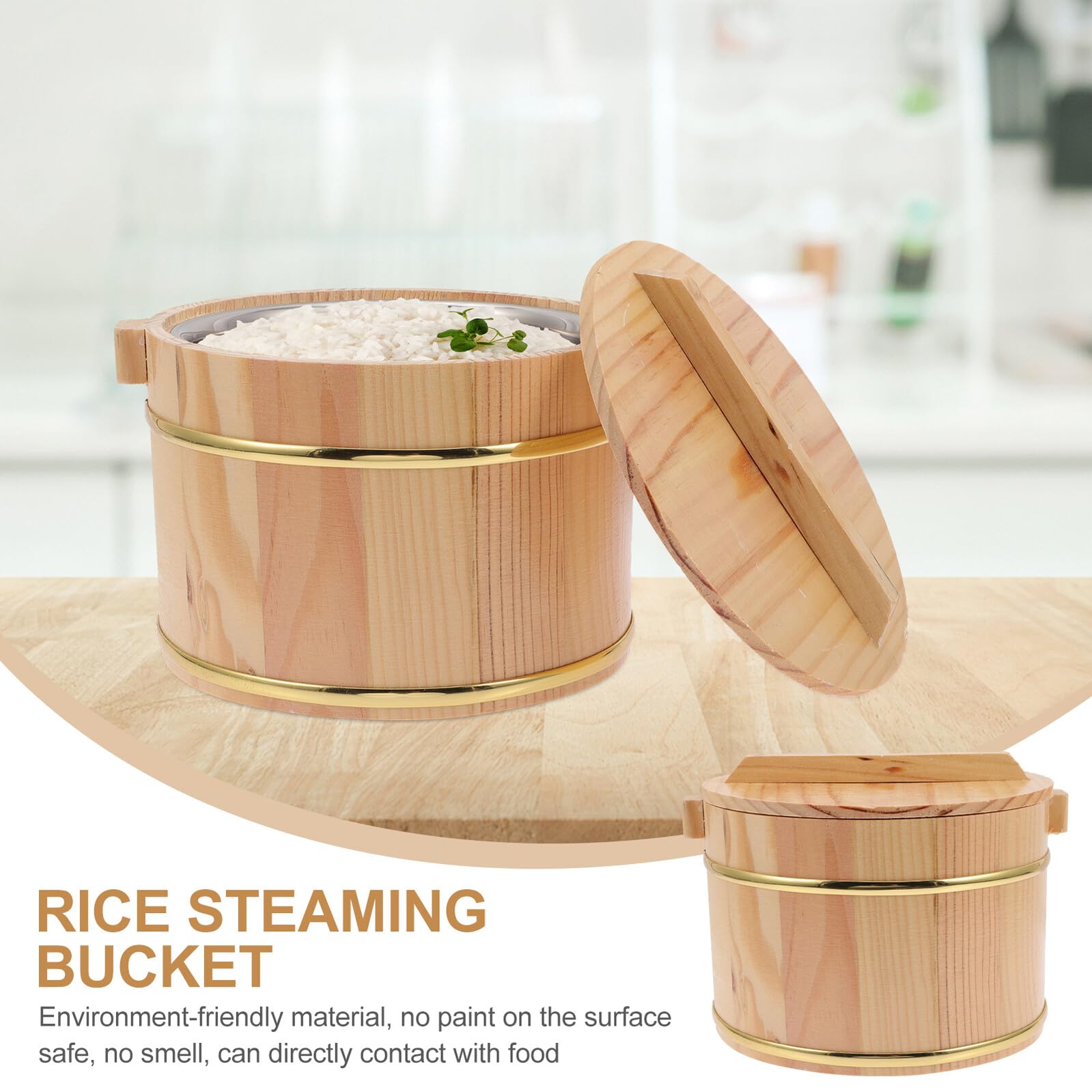 Cabilock Cubo de Arroz Material Madera y Acero Inoxidable con Tapa y Asa de Madera Varios estilos Contenedor para Almacenar Arroz y Servir Alimentos Adecuado para Fiesta