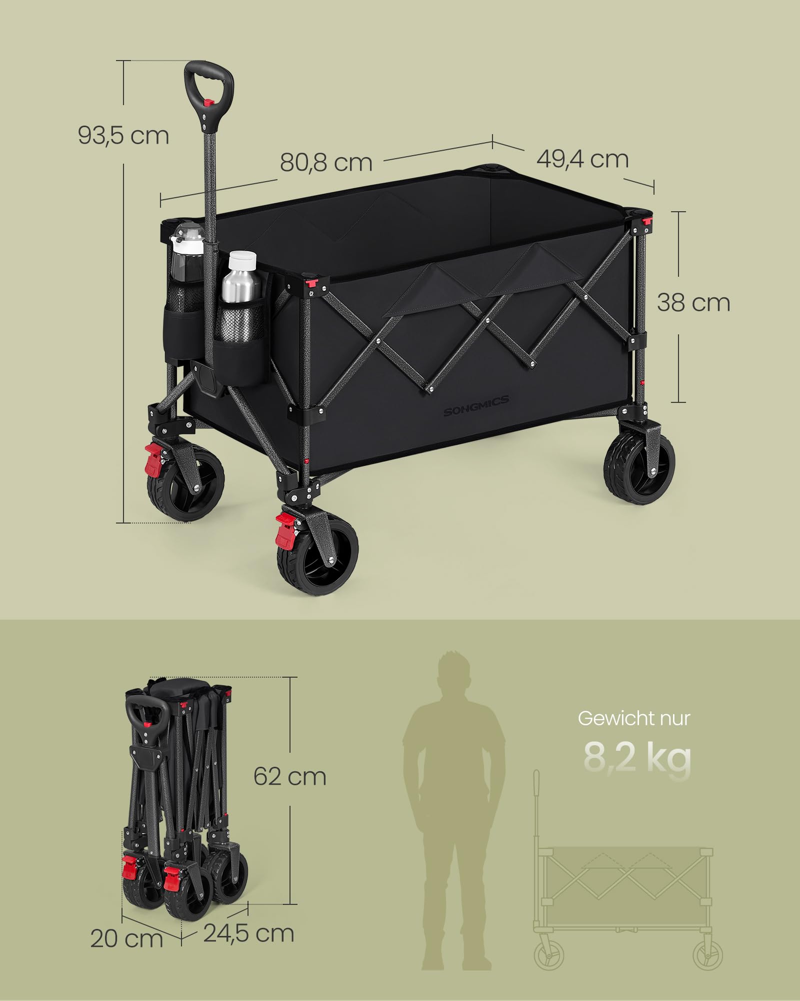 SONGMICS Handwagen faltbar, Bollerwagen, Gartenwagen, Campingwagen mit Griff, 4 abnehmbaren Rollen, platzsparend, Outdoor, Garten, 150 L, bis 150 kg belastbar, tintenschwarz GFW115B01