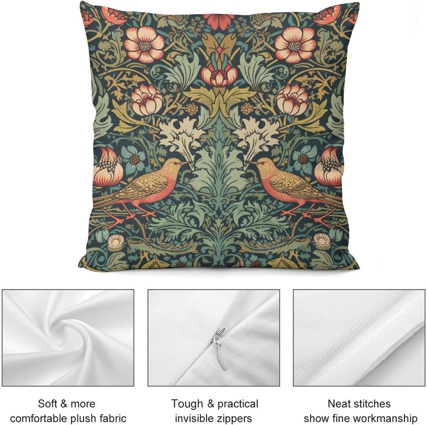 William Morris Pillow Case,Polyester Sofa Throw Pillow Cover set of 2,Vintage Rustic Natural Old Art Forest Botanical Leaf Flower Bird Square Couch Pillow Protector Cushion for Sofa Bed Decor 16x16in - Image 8