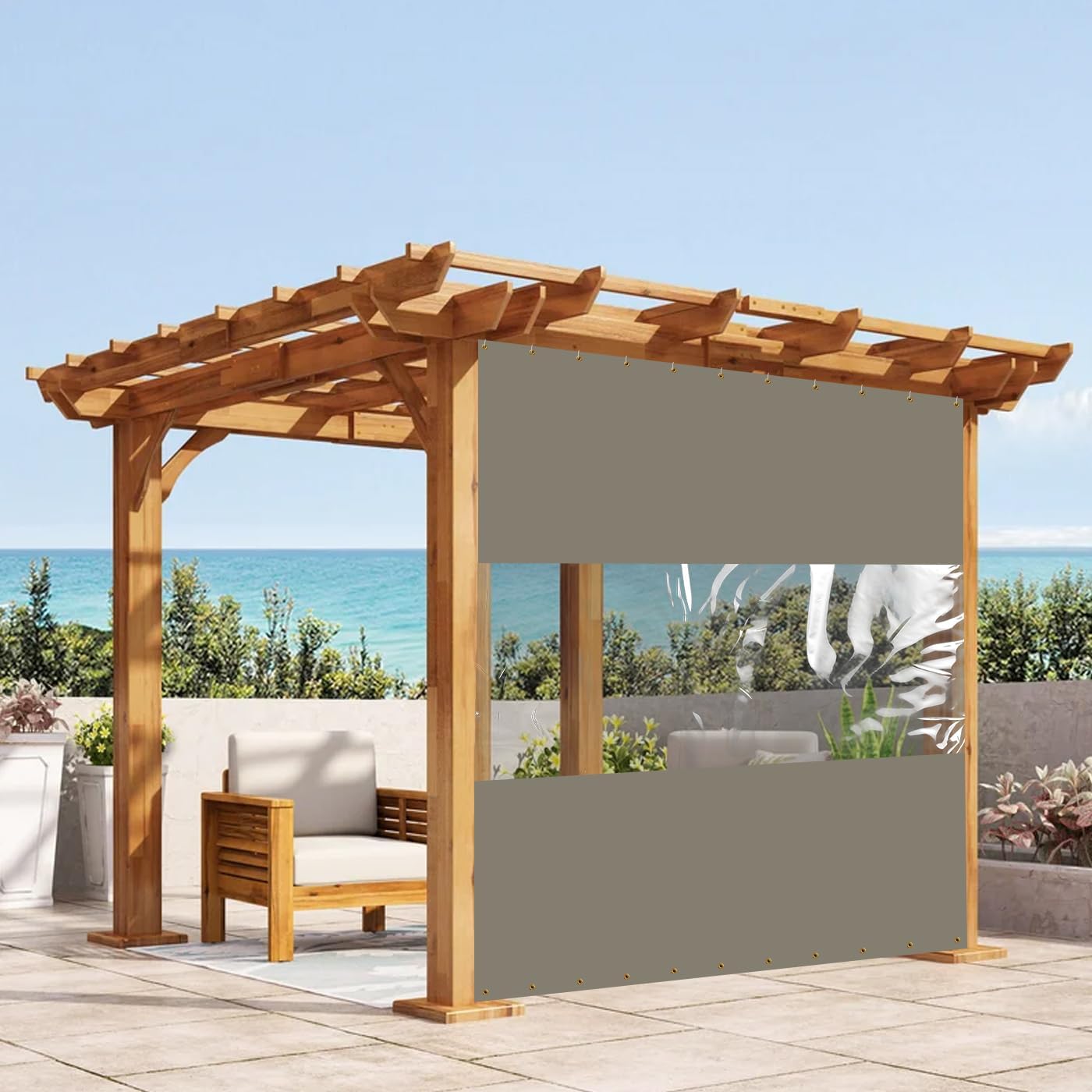 Covers & All Outdoor Clear Panel Curtain, 12 oz Vinyl Outdoor Curtains for Patio, Weather Resistant Waterproof Tarp with Brass Grommets for Pergola, Porch, Gazebos, Balcony (8'H x 8'W Feet, Beige)