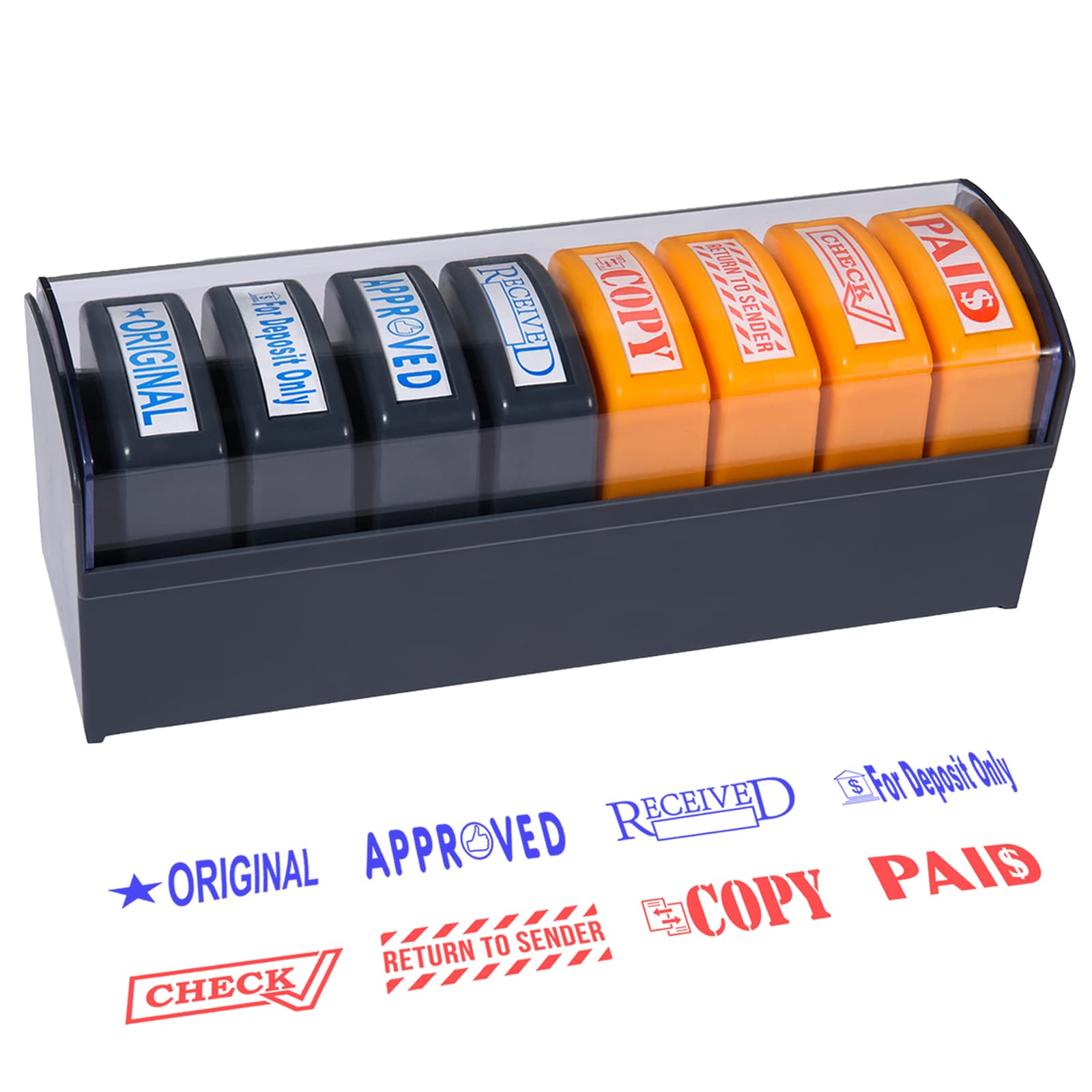 Toplusesse8 Pcs Pre-Inked Office Stamps Set Self Inking Business Stamp Message Rubber Stamp Message Account Stamp Paid Stamp with Storage Tray
