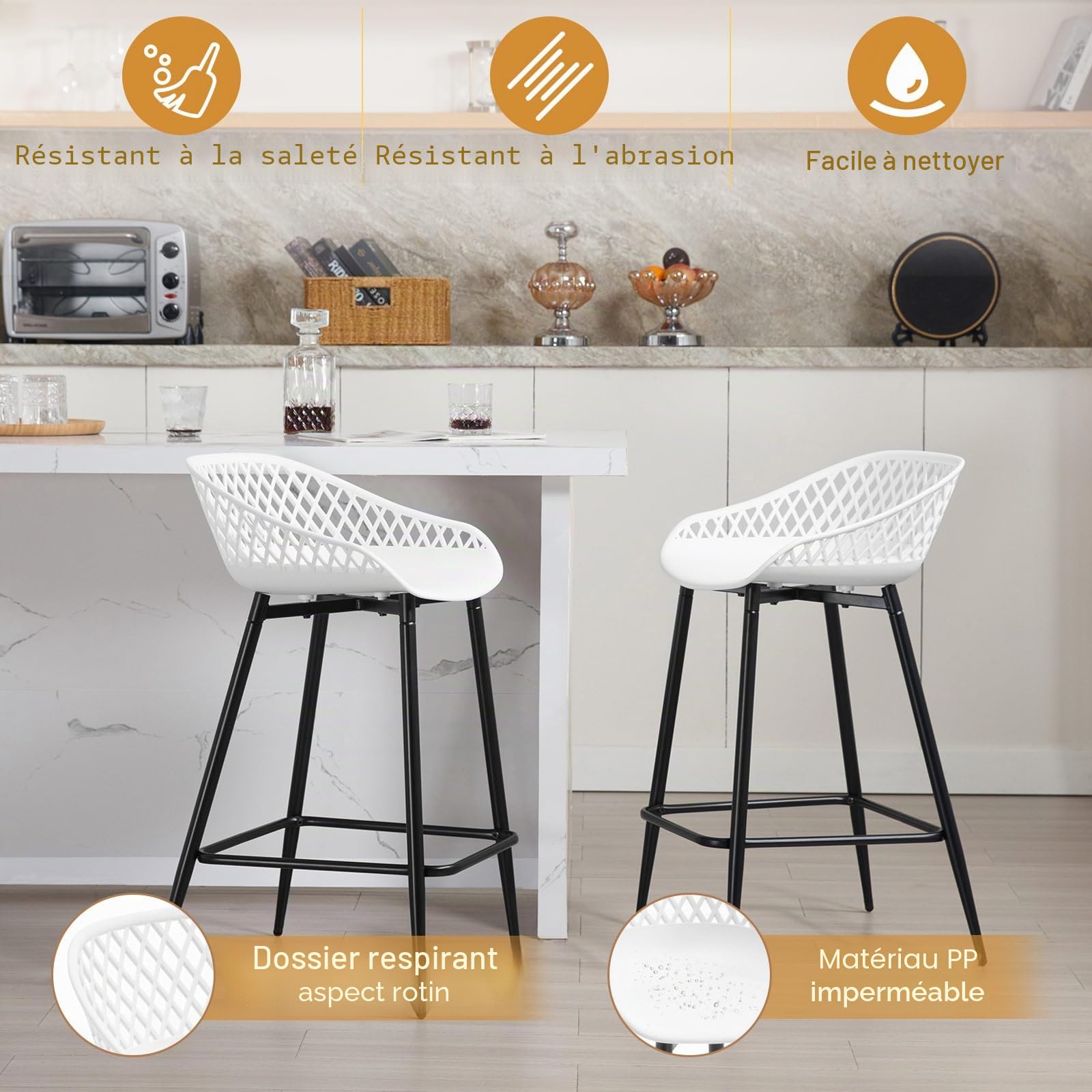WOLTU Tabouret de Bar Lot de 4, avec Dossier, Siège Plastique Blanc