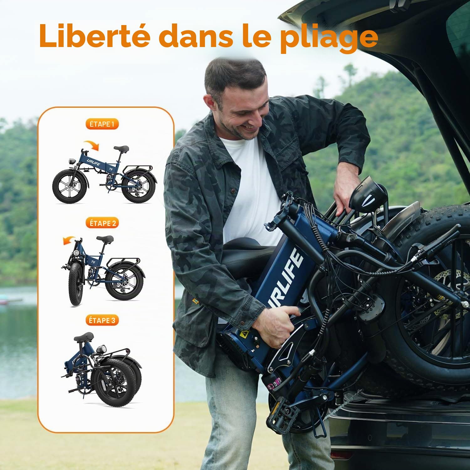 URLIFE T5 Vélo électrique pour homme, 20" Fatbike pliable avec batterie amovible 48 V 13 Ah, portée de 80 à 100 km, suspension complète, 7 vitesses, pour ville et terrain