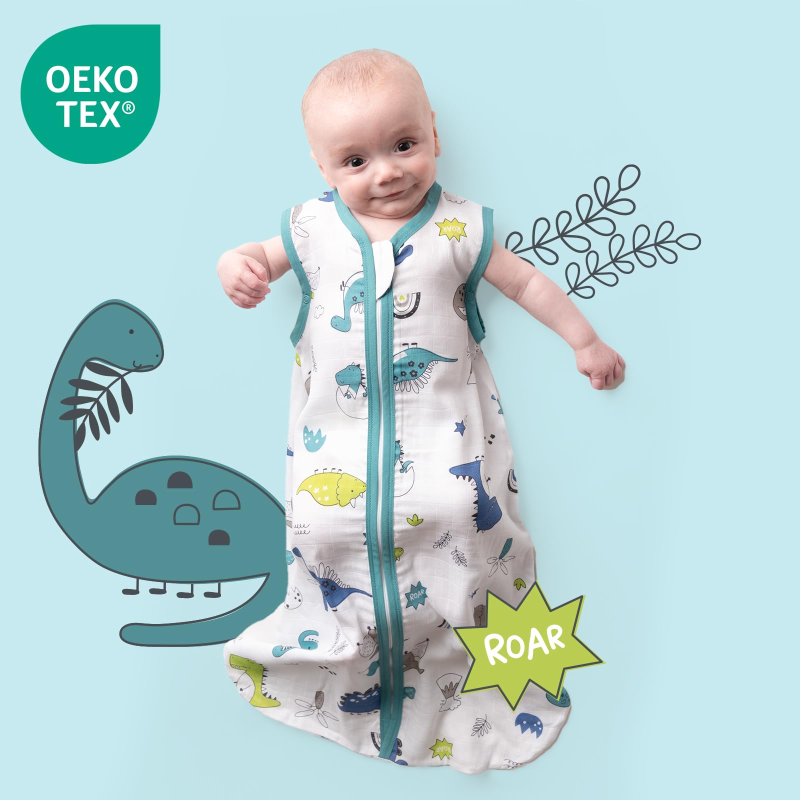 schlummersack Slumbersac Sacco nanna Tog 0.5 110 cm Dinosauro in Mussola | Sacco nanna estivo 18-36 mesi leggero | Sacco a pelo bambini per asilo
