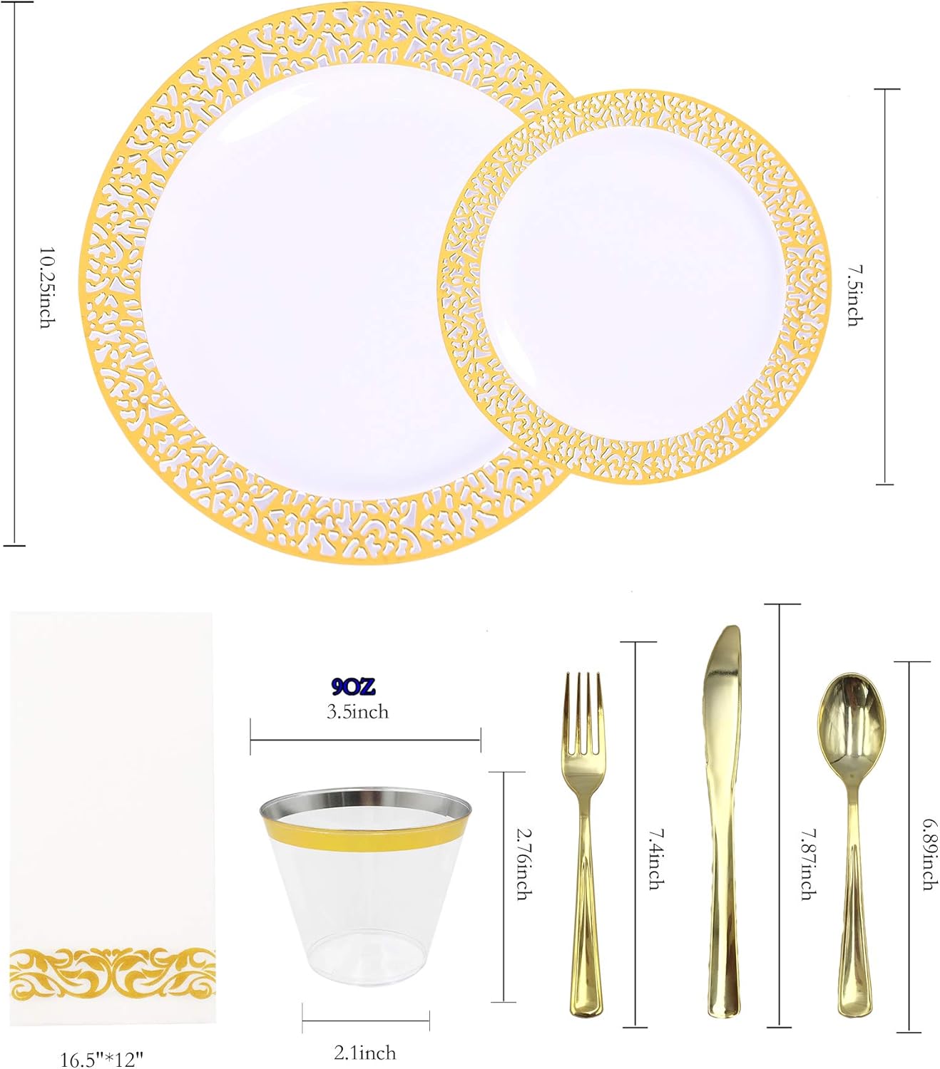 Bеѕt Quаlіtу 🔥 Gold Disposable Dinnerware Set Gold Rim, 175 Pack Of Heavy-Duty Plastic Party plates, 25 Guest, 25 Dinner Plates 10.25, 25 Dessert Plates 7.5, 25 Cups, 25 Napkins, 25 Forks, 25 Spoons, 25 Knives,