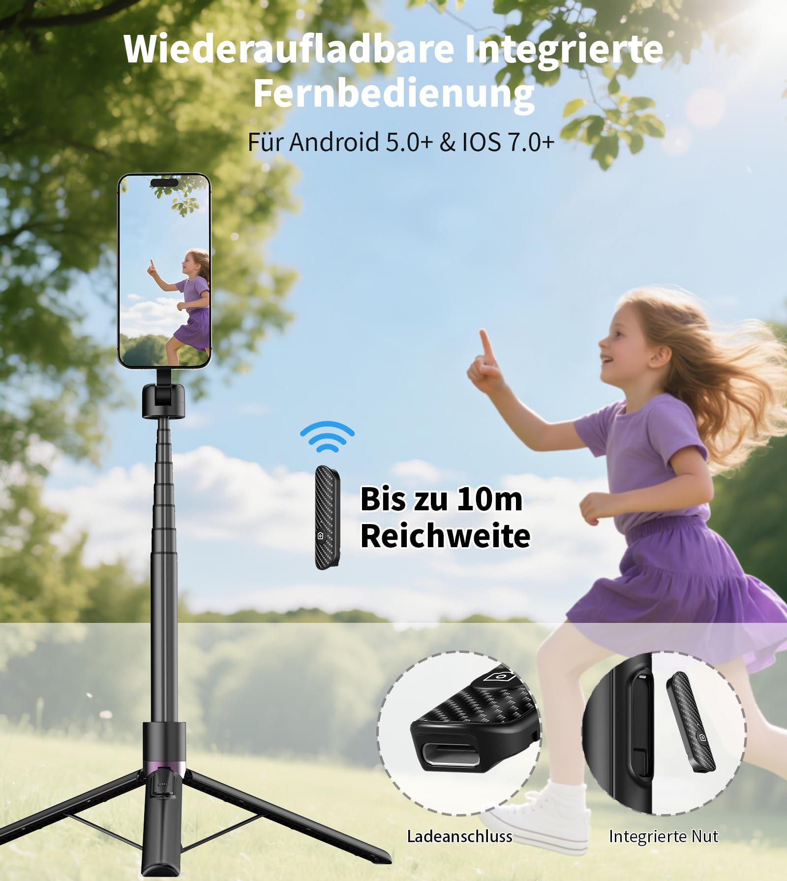 TONEOF 173cm Magnetisches Selfie Stick Stativ, Stark Magnetischer Aluminium Halter für Magsafe, 360° Drehbar, Einziehbares Einbein Stative mit Metallring&Fernbedienung, Tragbares Handystativ-Schwarz