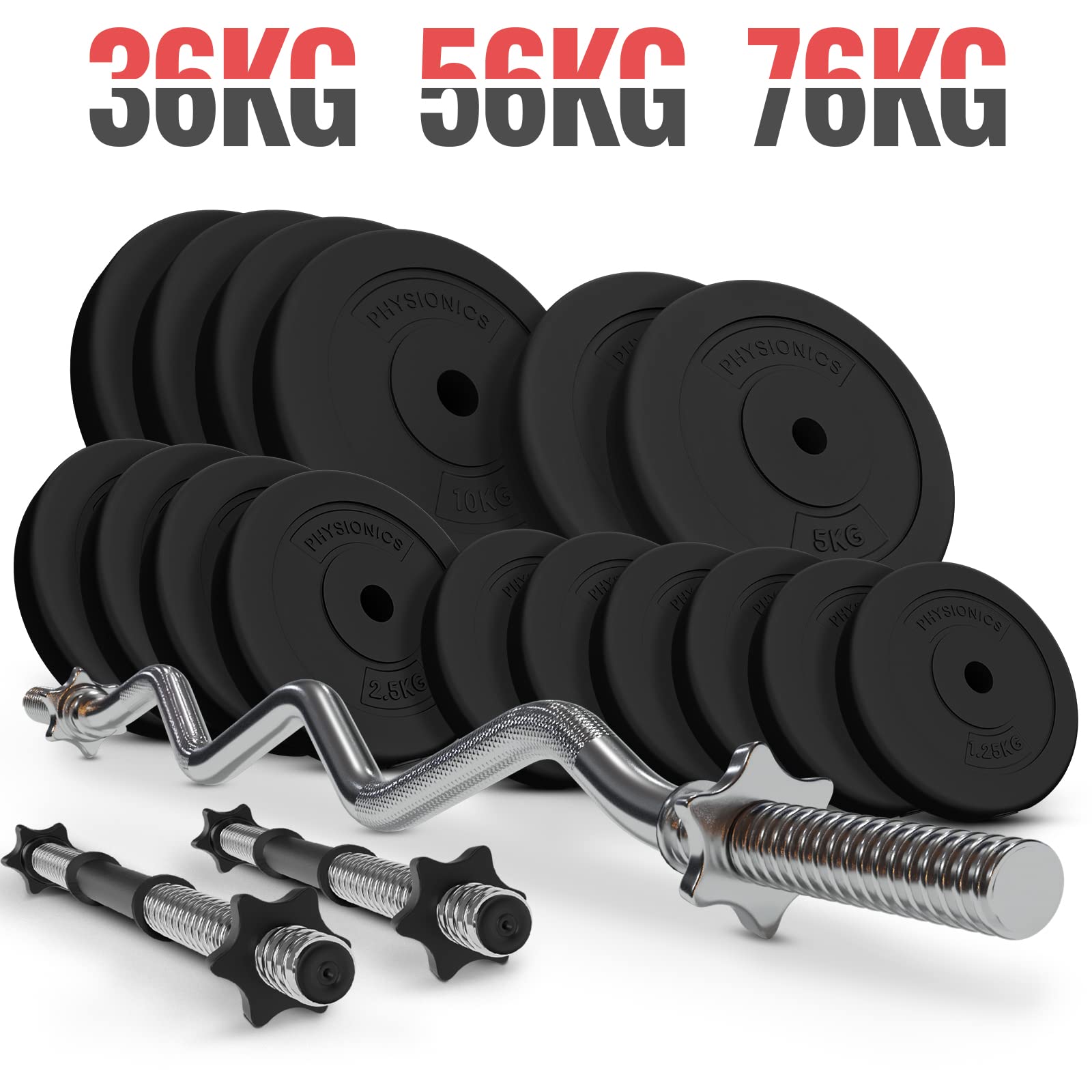 Physionics® Kit Barre Disques Poids - 36/56/76kg, Curl EZ 120cm/Ø30mm, Plaques Ø31mm - Gym, Fitness, Musculation