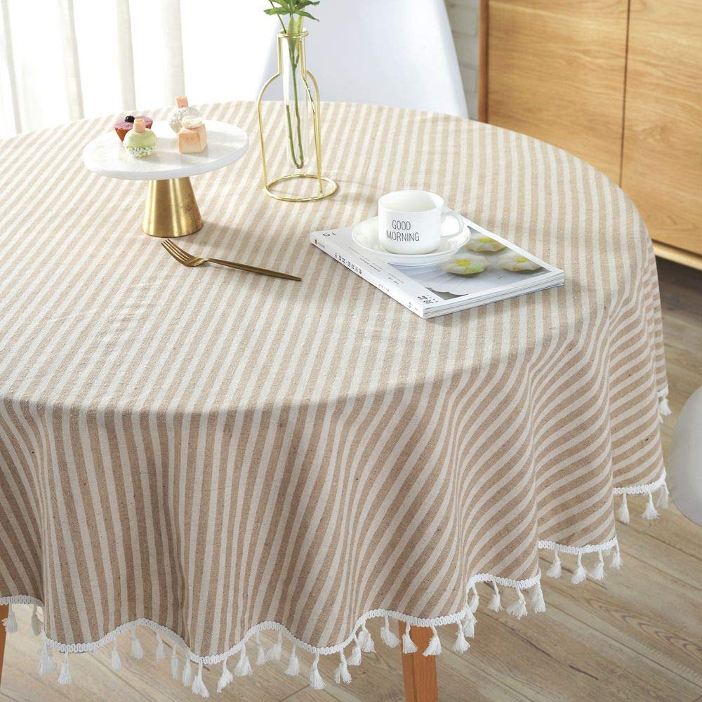 Lahome Stripe Tassel Tablecloth - Cotton Linen Table Cover Kitchen Dining Room Restaurant Party Decoration (Round - 60", B...