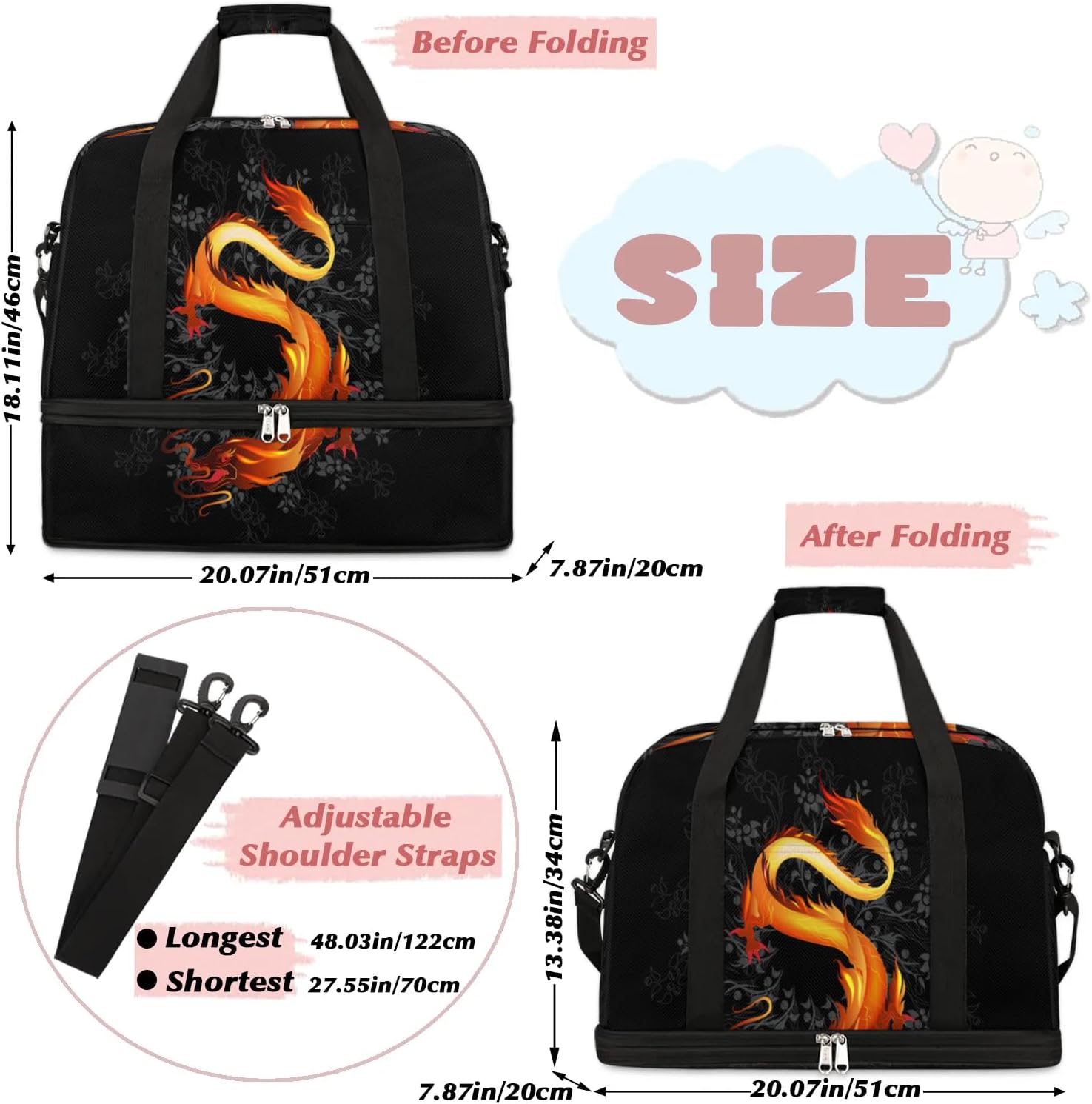 Chinese Gold Dragon Travel Duffle Bag, Collapsible Travel Bag Sports Gym Bag With Shoes Compartment Weekender Bag Overnight Bag For Women Men
