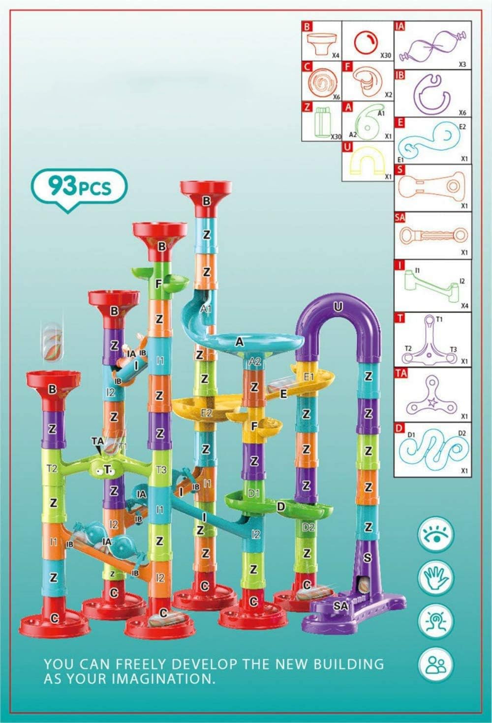 Juego de 93 carreras de canicas con 30 canicas de vidrio para niños y niñas, juguetes de laberinto educativo de carreras, regalos de cumpleaños (tamaño L) 5