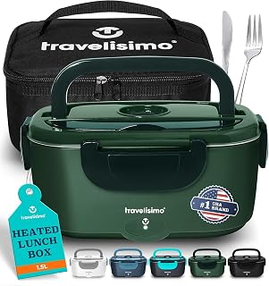 Travelisimo 100W Electric Heated Lunch Box 1.5L Stainless Steel Portable Food Warmer 12V/24V/110V for Work Travel Car