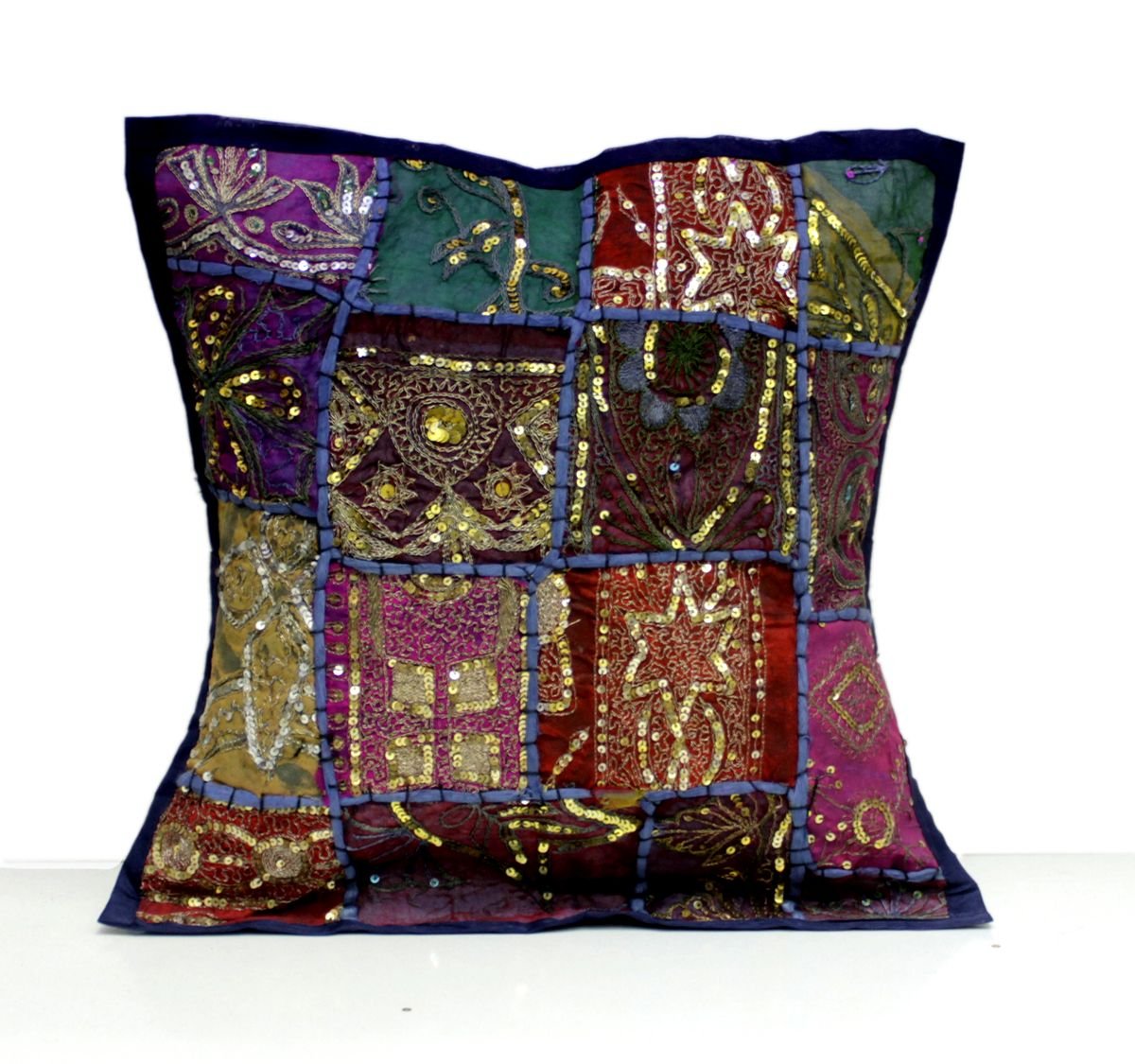 An Ethnic Embroidery Sequin Patchwork Throw Pillow Cases Cushion Cover (Dark Blue)
