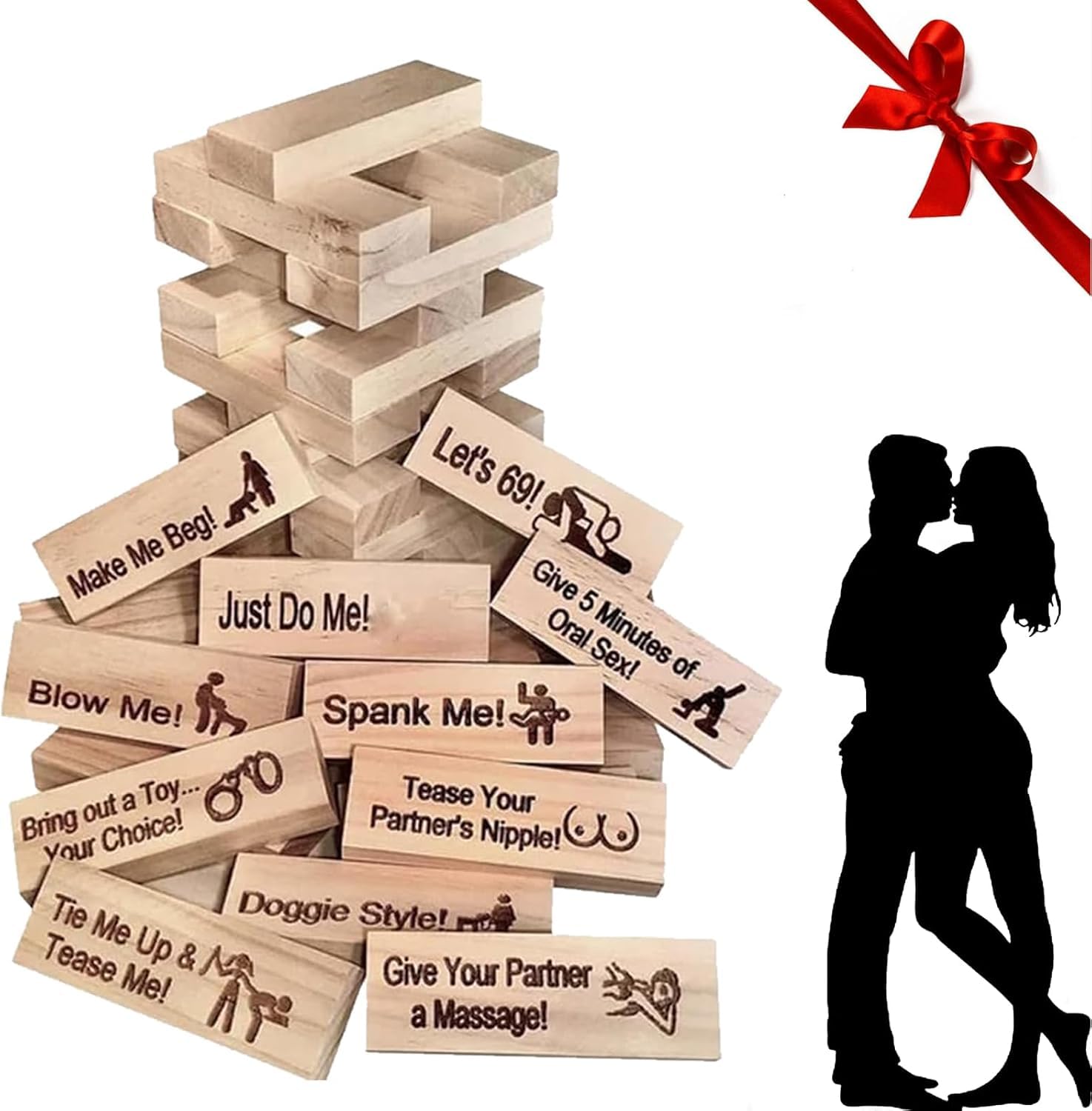 Jeu De Construction Romantique Ronronner – 48 Blocs En Bois Gravés De Défis Pour Couples, Cadeau Coquin Et Complice Pour La Saint-Valentin