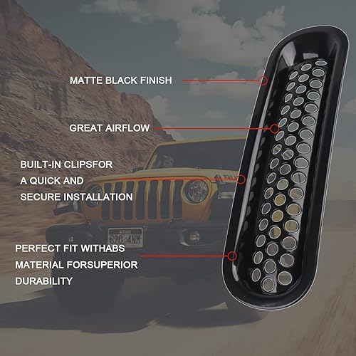 Miniatura 6 de Cubierta de rejilla de malla frontal compatible con Jeep Wrangler JK y JKU 2007-2018 - Insertos de parrilla negros con protector de clip con ranuras