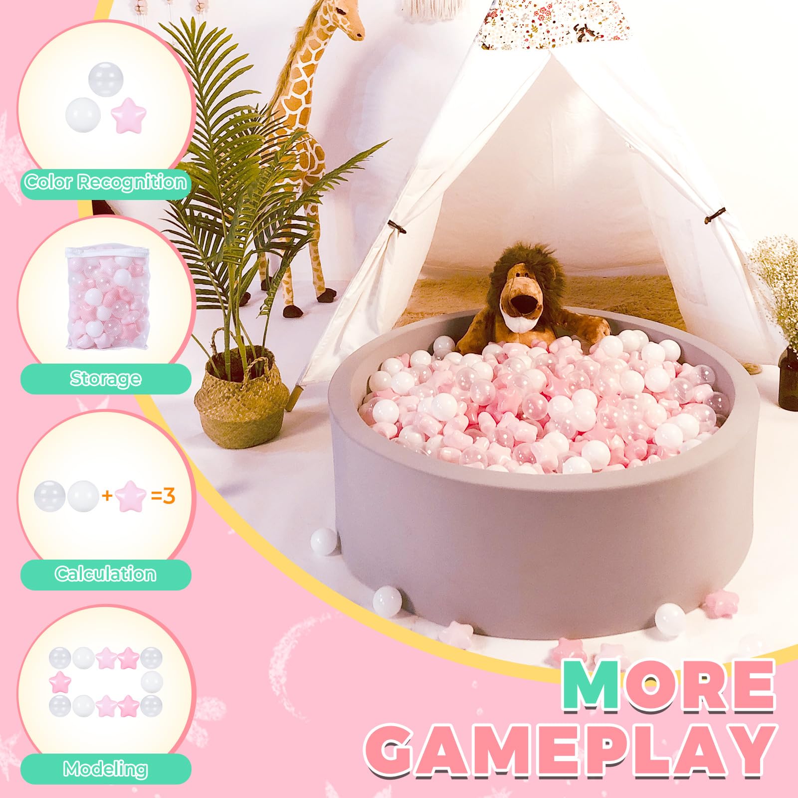 TRENDPLAY Star Ball Pit Balls for Toddlers - 200 Count Star Balls Different Shapes, Non-Toxic Plastic Balls Boys Girls Festival Party Decoration, Pink+White+ Clear