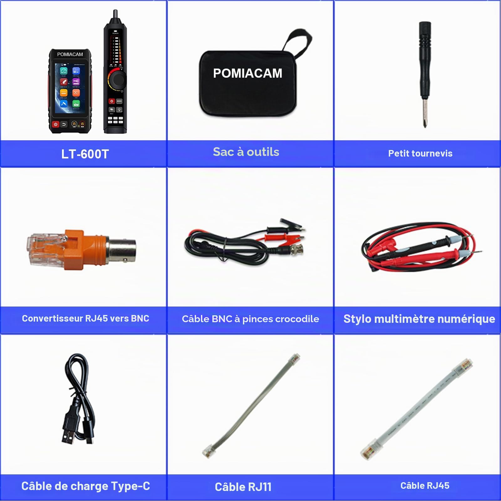 Testeur de câble réseau, testeur de câble UTP, traceur de câble Ethernet, écran tactile IPS de 4 pouces, VFL OPM DMM TDR, niveaumètre, détection PoE++, RJ45 TDR, mesure de longueur de câble, outils
