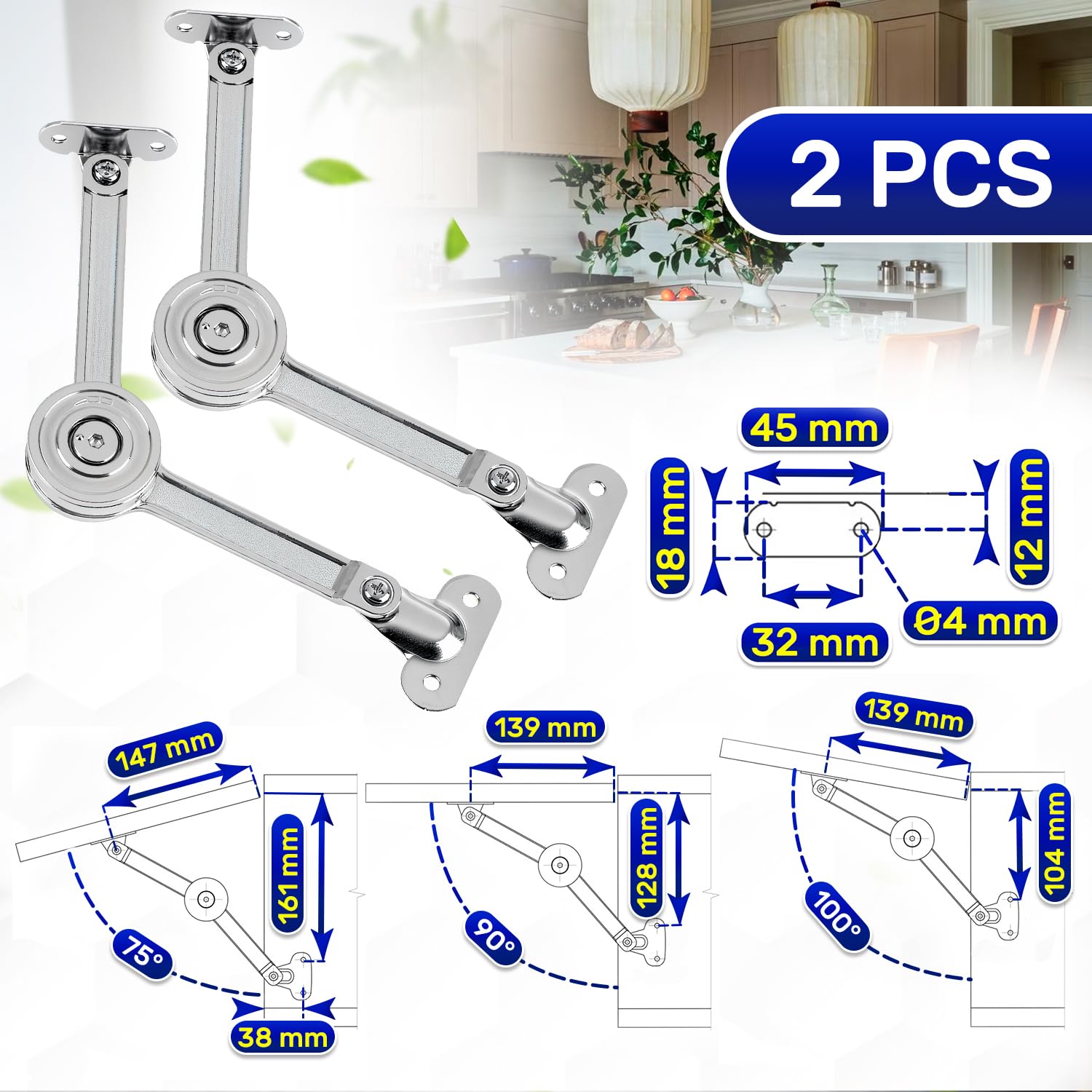 2 Pieces Lift Up Door Cabinet Hinges Can be Stopped at 75° 90° 100°, Drop Down Hinges for Kitchen Furniture and Door Panels - Image 2