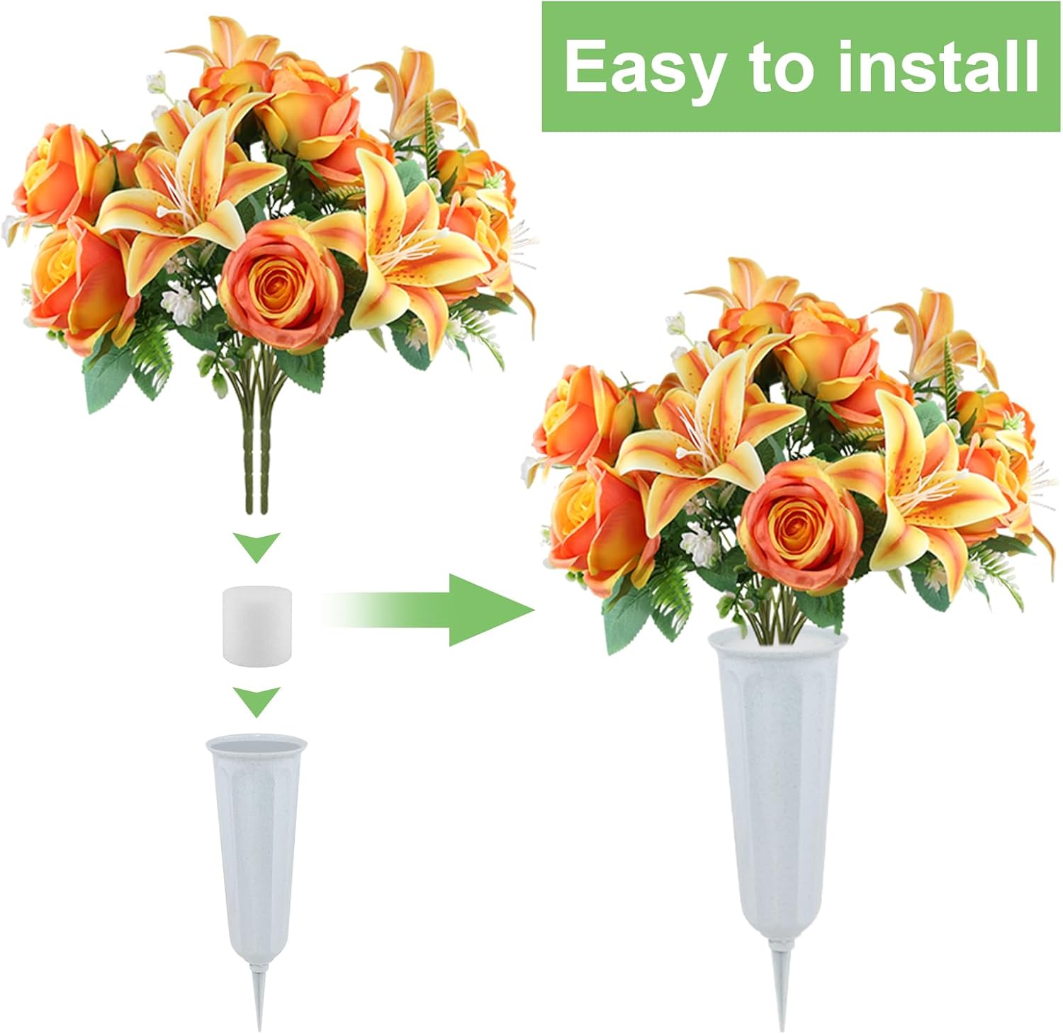 2 Set Artificial Cemetery Flowers with Grave Vase-2 Bunches Lilies & Rose Mixed Orangish Yellow Silk Memorial Flowers-2 Cemetry Vase with Foam for Outdoor Headstones Gravesite Graveyard Decorations - Image 2