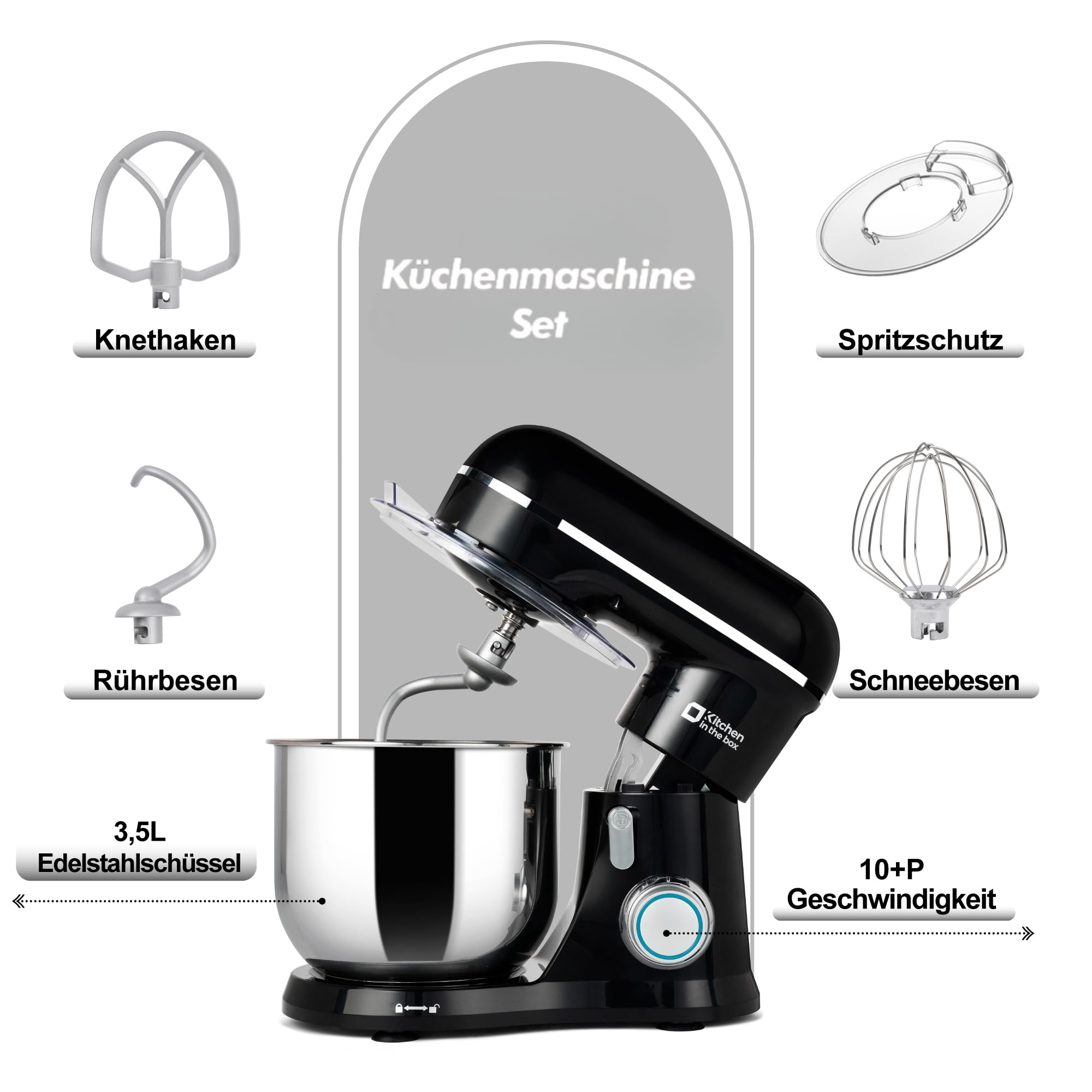 Kitchen in the box Kompakte Küchenmaschine 3,5 L, Rührmaschine & Knetmaschine mit 10 Geschwindigkeiten, Leichte Teigmaschine mit Knethaken, Rührhaken & Schneebesen, ideal für kleine Küchen,Schwarz
