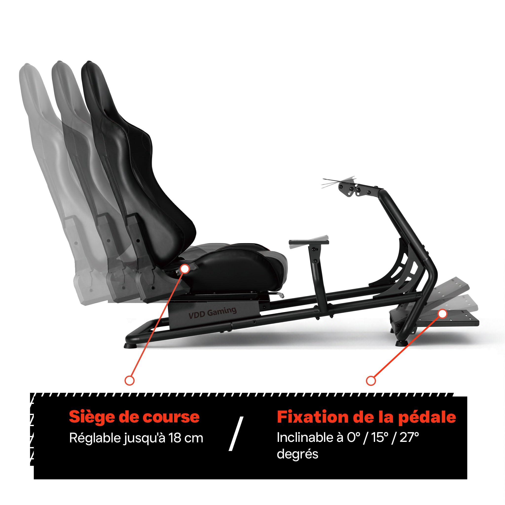 VDD - Simulateur cockpit pour fauteuil de course - entièrement réglable - siège de course - sans fixation d'écran