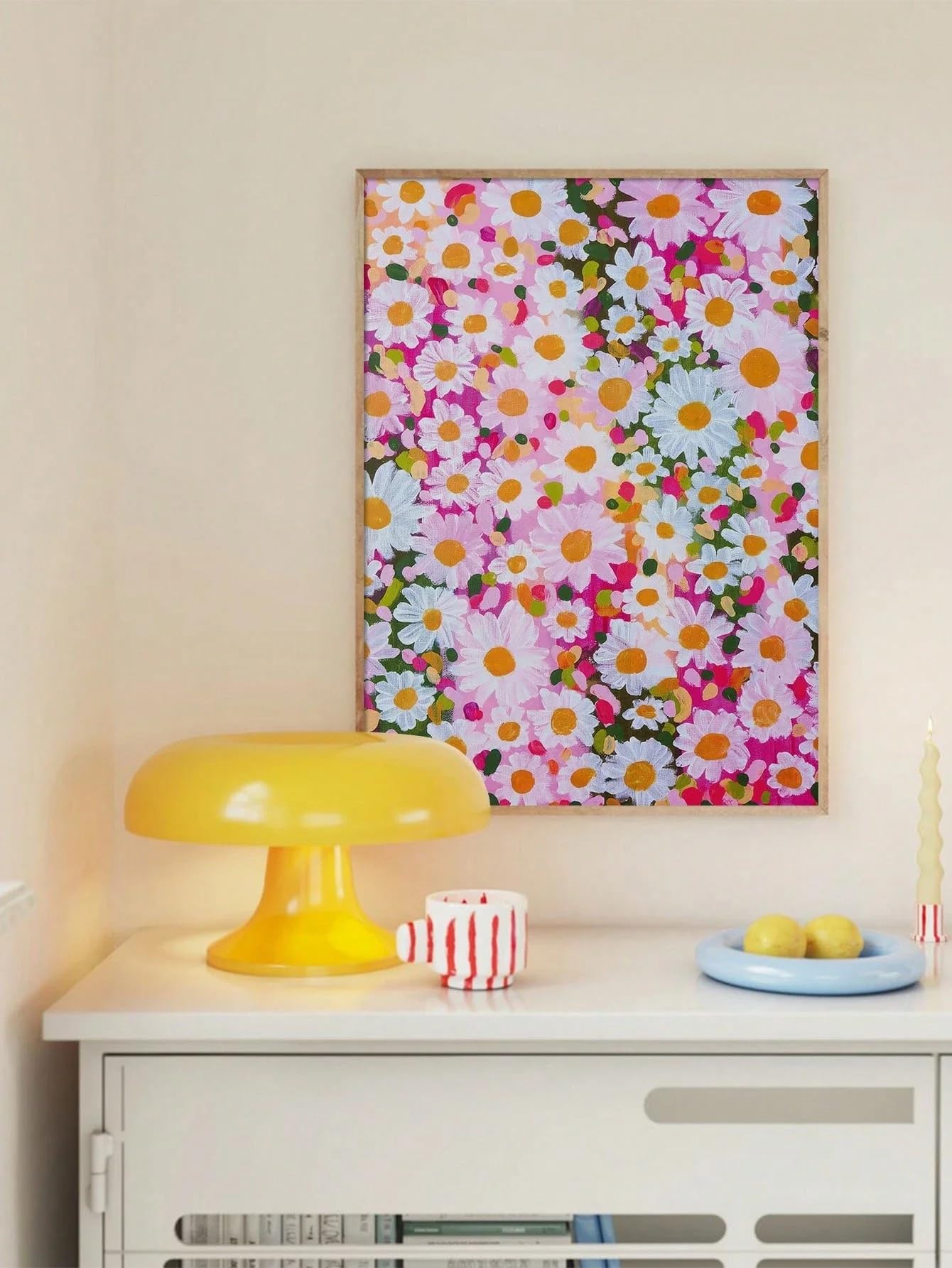 MAIMANG Canvas Wall Art, Pink Daisy Flower Art Print Canvas Poster For Bedroom Living Room Hallway Dorm Wall Decoration (60 x 90 cm/wewnętrzna rama)