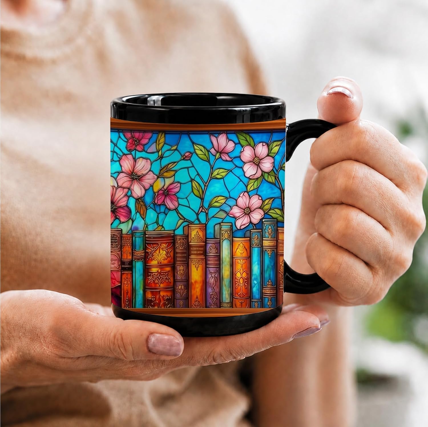 Stained Glass Bookshelf Mug 15 Oz, Coffee Mugs for Women Library Aesthetic Reader Gifts, Unique Coffee Mug Ceramic Cup Pretty Mugs Art Gifts for Book Lover Bedroom/Kitchen Decor
