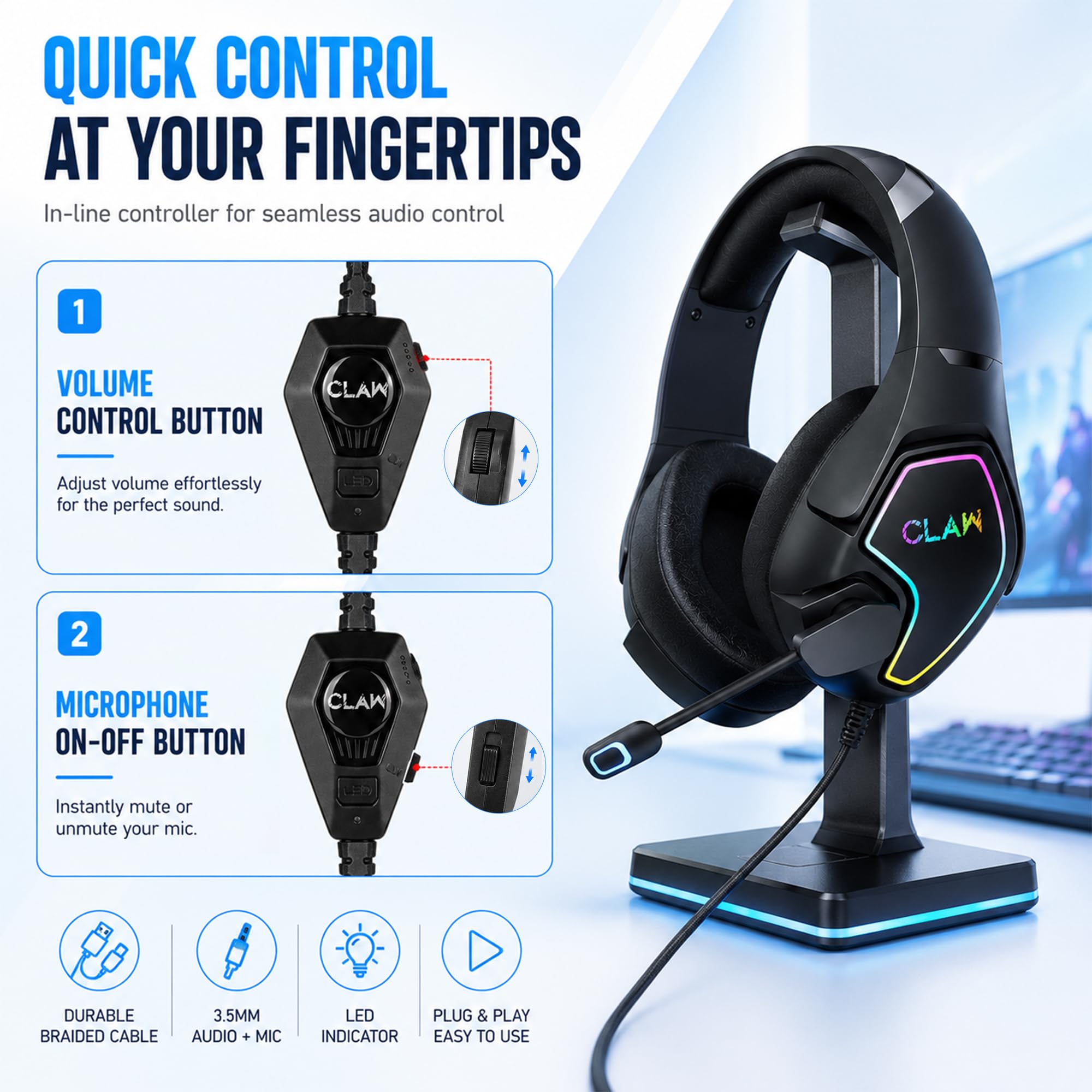 CLAW GH40 Casque de jeu filaire RVB avec pilotes de 50 mm, microphone à isolation sonore, prise audio 3,5 mm, câble tressé de 2 m, compatible avec PC, PS4, PS5, Xbox, ordinateurs portables et