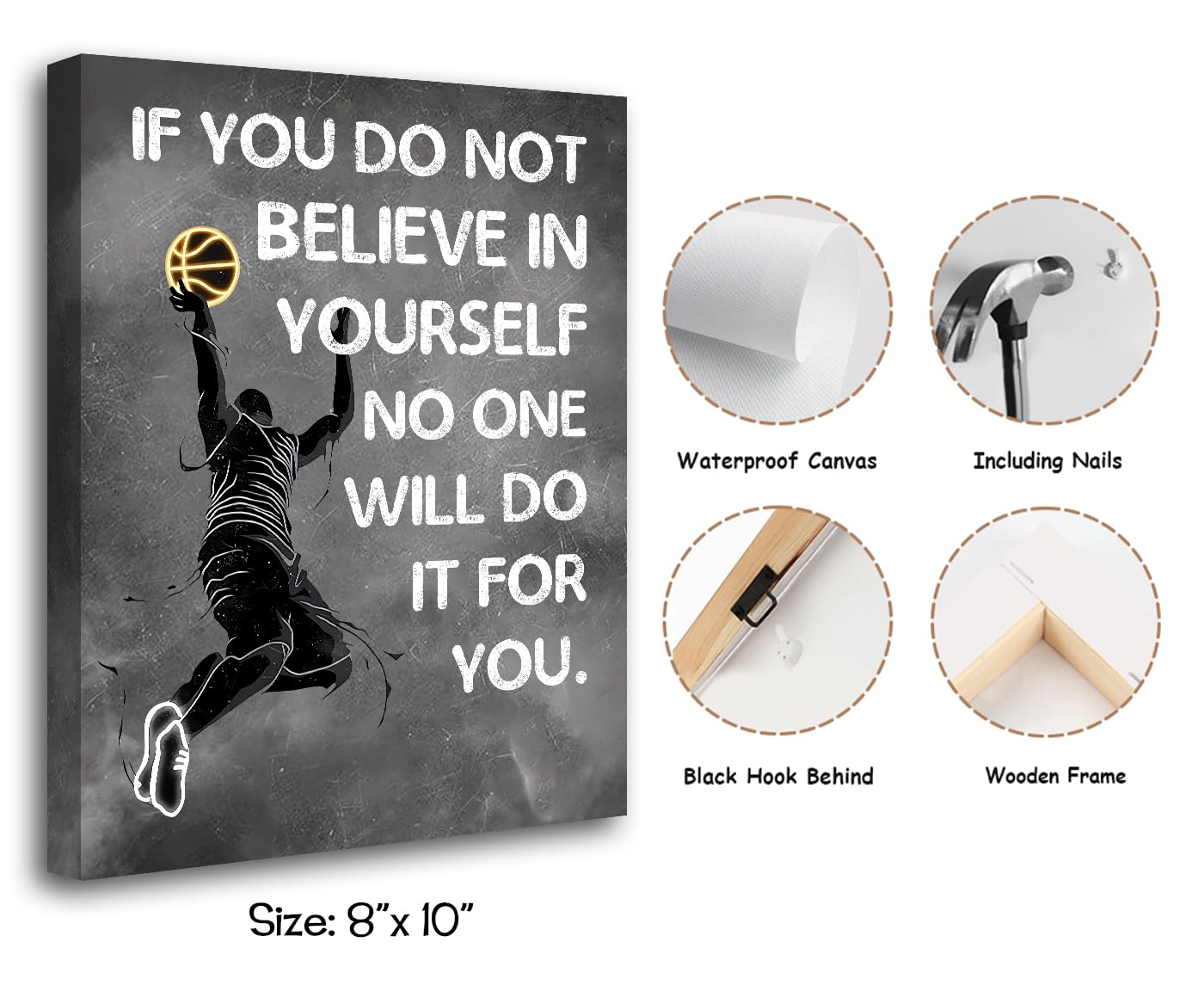 Stampe artistiche da parete motivazionali con frasi motivazionali e motivazionali sul basket, decorazione da parete astratta da parete, su tela, per camera da letto, palestra, uomini, set regalo da 4