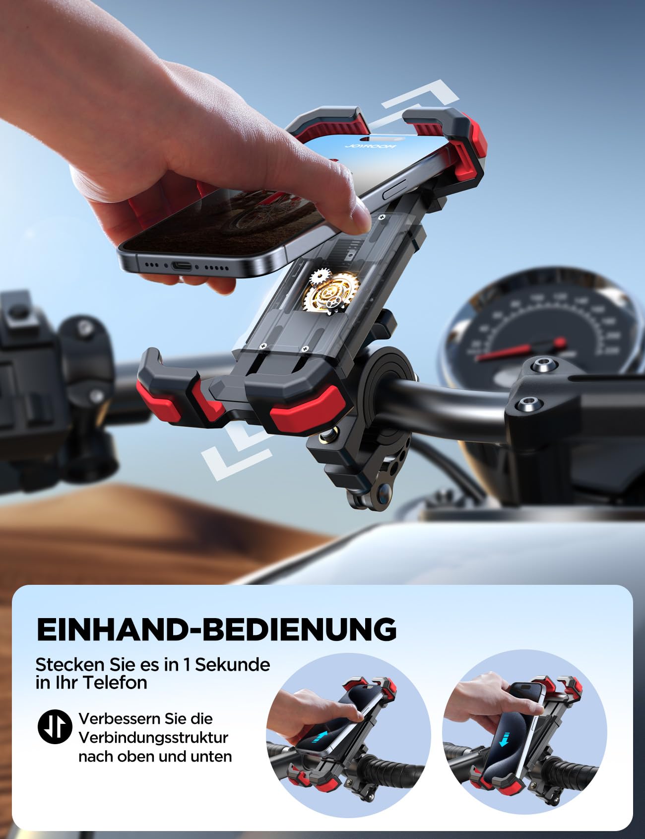 JOYROOM Uchwyt na Telefon Rowerowy, 2025 Nowy Uchwyt na Telefon Motocyklowy [ Szybki Demontaż 1S & Odporny na Wstrząsy], Obrotem 360° Kierownicę do Scooter 4,7-7,0" (Czerwony)