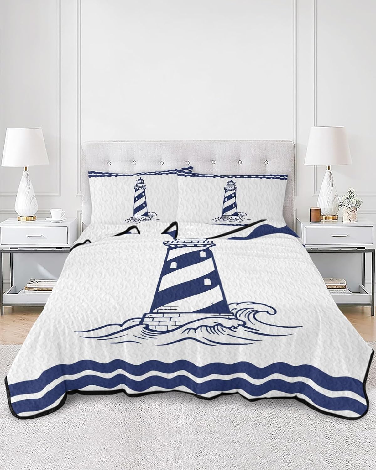 Queen Size Quilt Set, Coastal Nautical Lighthouse Sea Wave Lightweight Bedspread Coverlet Set Soft Microfiber Summer Quilt with 2 Pillow Shams, Navy Blue Water Ripple 3 Piece Comforter Bedding Set