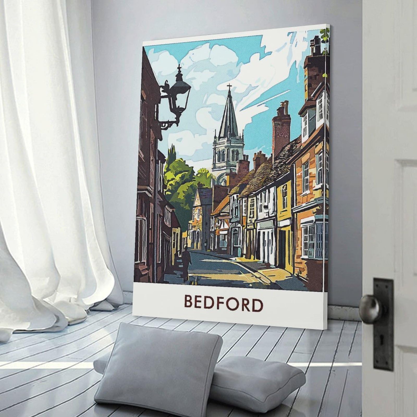 Junmoney Bedford Town Street Wall Decor Canvas Print, 12x18inch(30x45cm), for Home Lounge, Bedroom Or Reading Nook, Decorative Artwork for Empty Walls