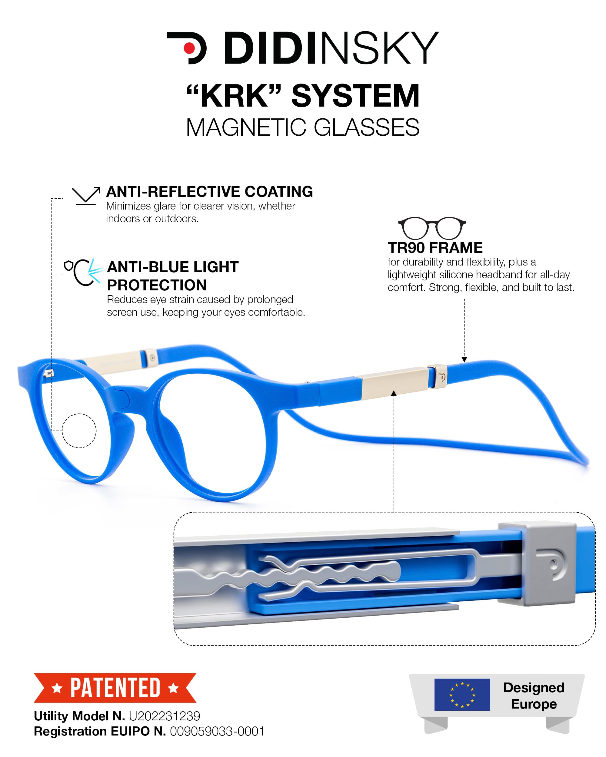 DIDINSKY Krik Occhiali da Lettura Magnetici, Anti Luce Blu | Chiusura magnetica frontale · Per leggere da vicino · Anti luce blu · Ingrandimento +1.0 a +3.0 · Custodia inclusa