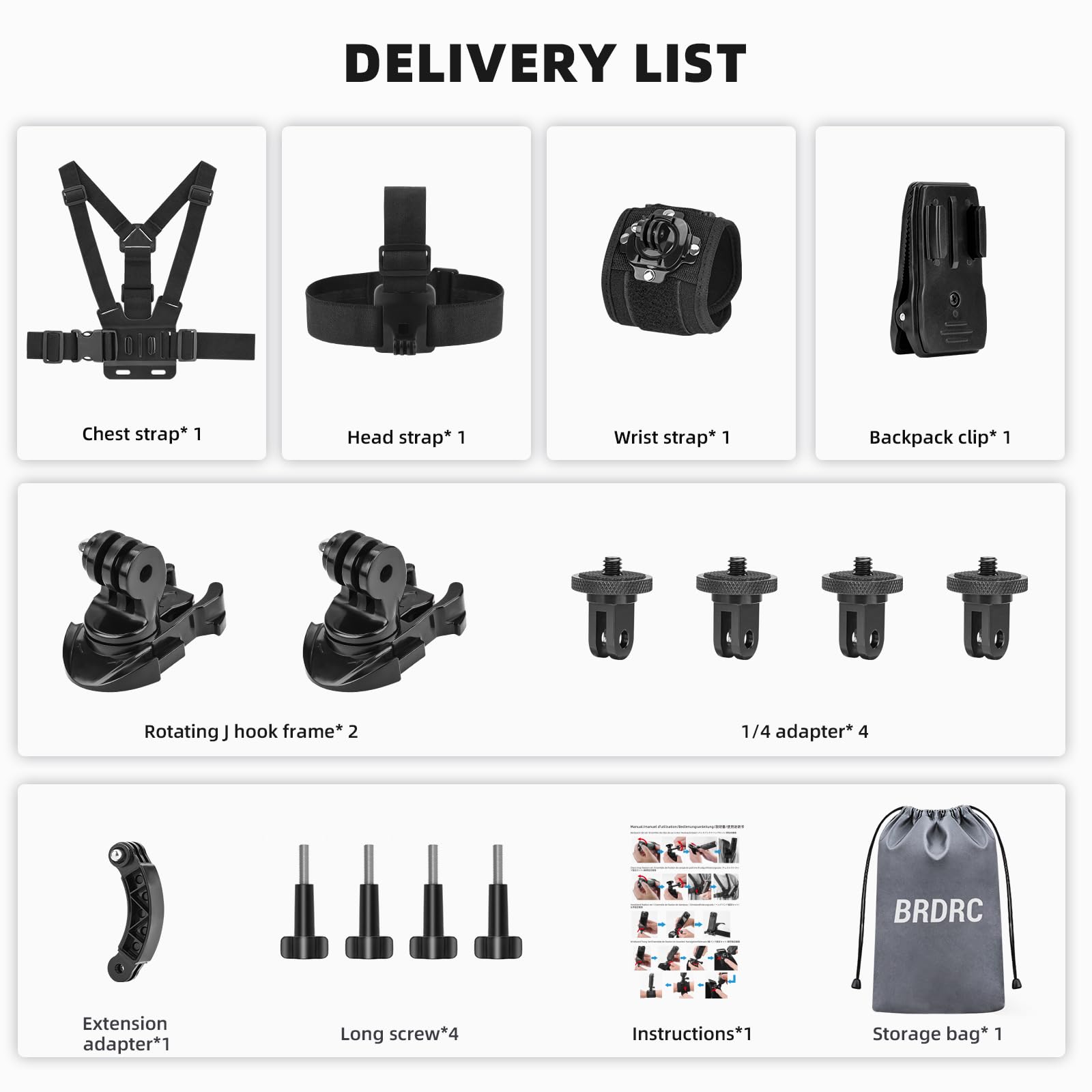 BRDRC Kit di accessori per Insta 360 X5 X4, cinghia per il petto, imbracatura per zaino, supporto da polso, adattatore rotante a 360° + rilascio rapido per Insta360 One X5 X4 X3 X2 X