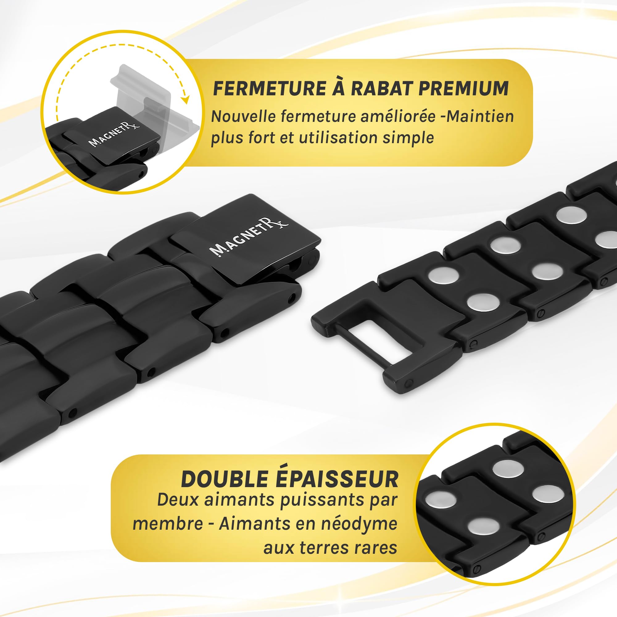 MagnetRX® Bracelet Pour Homme - 48 Aimants Puissant (3500 GAUSS Par Aimant) BijouAimanté Acier Inoxydable Ultra-Résistant - Longueur Réglable Avec Outil De Dimensionnement (Noir)