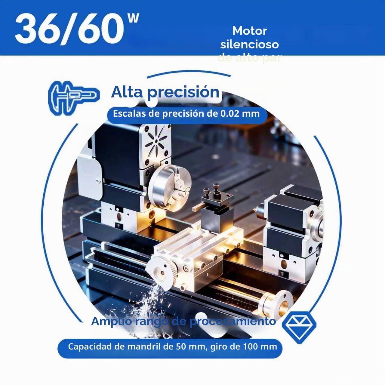 ZHRUI - Torno de metal didáctico en miniatura galvanizado, 50 mm, centro de 36 W, 20000 rpm para procesamiento de aluminio, madera, materiales plásticos (aumento del estilo)