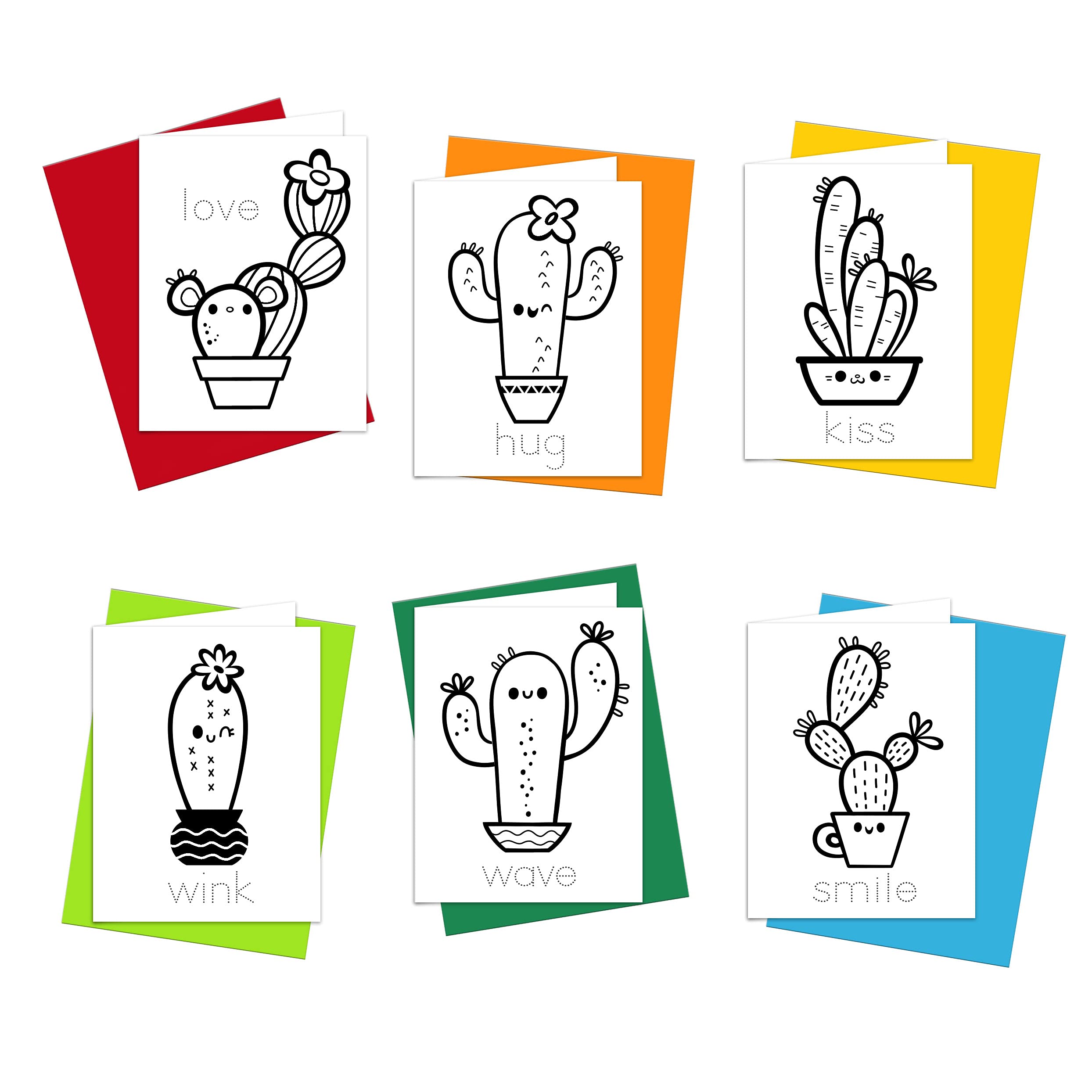 Coloring Cards: Set of 6 Cards for Kids to Color and Practice Letter Writing - All Occasion Greeting Cards 100% Recycled and Made in USA (Cactus Good Vibes)