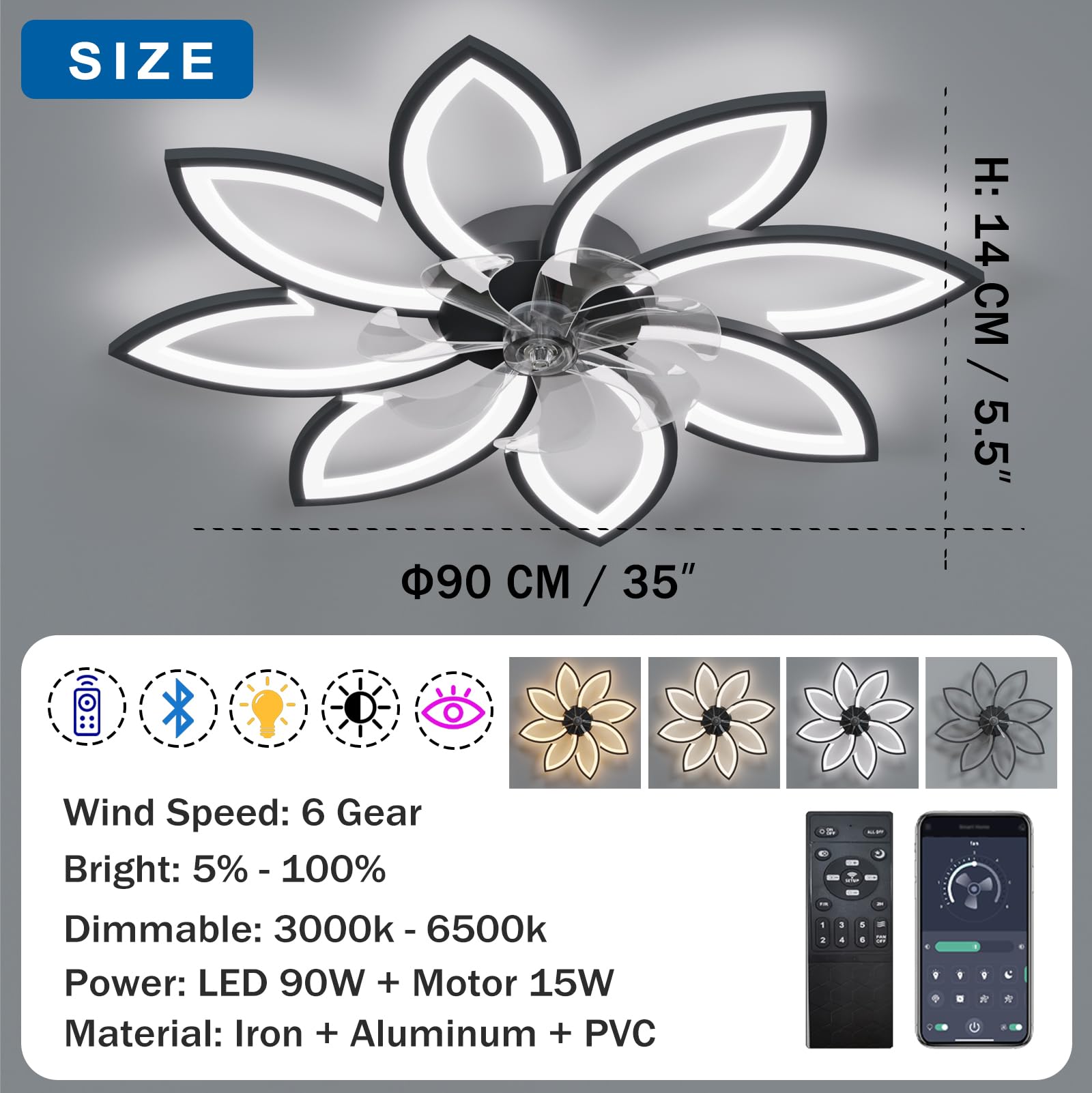 YUNZI Muto Ventilatore da soffitto con luce con telecomando, LED Dimmerabile Lampada da soffitto Moderno Illuminazione per Soggiorno Camera da letto, Regolabile 6 velocità, Bianco 90CM