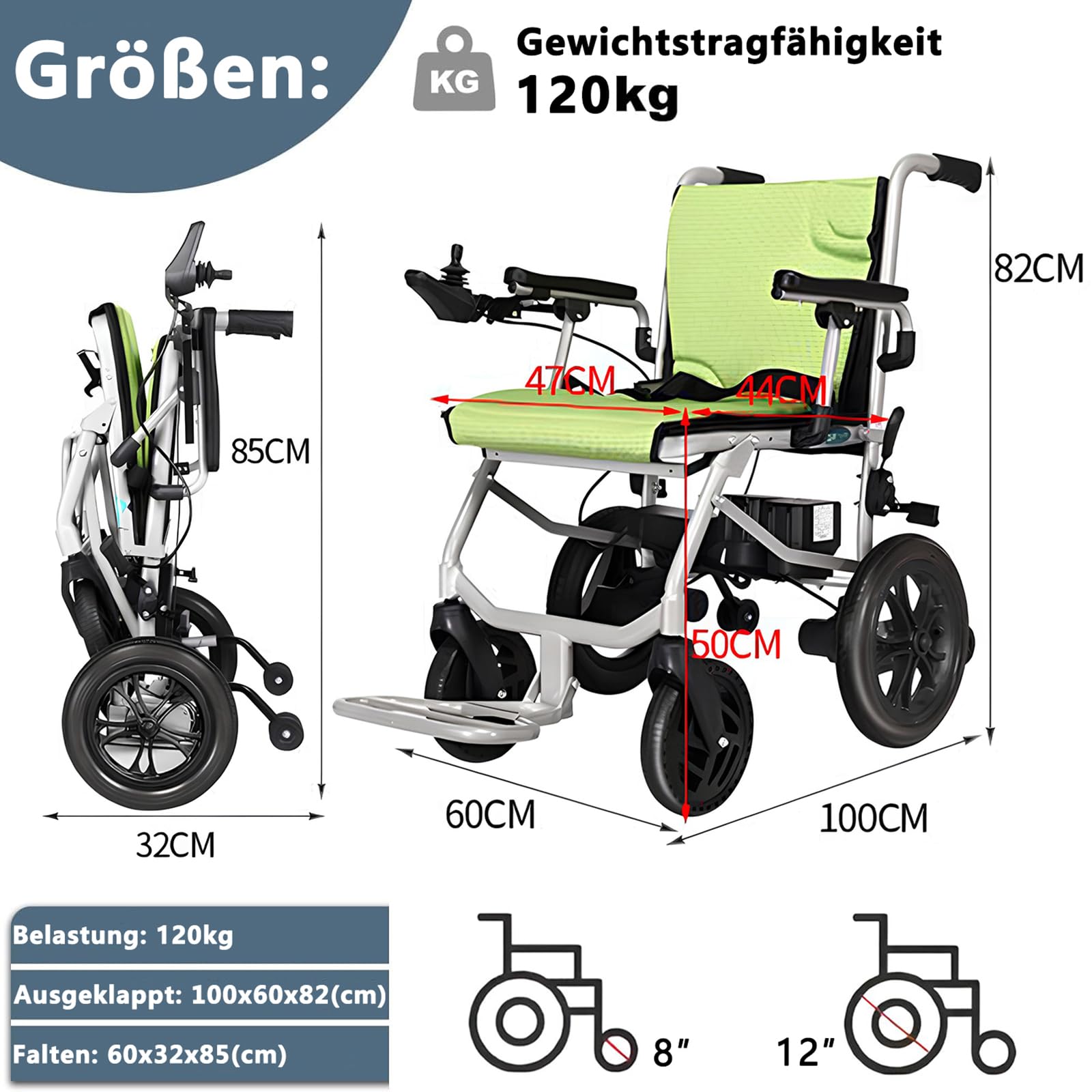 AMITD Elektrischer Rollstuhl Faltbar Leicht Luftfahrt-Zertifizierung 15 kg 20 km bis 120 kg Elektrorollstuhl mit Doppelsteuerung Herausnehmbar Li-Akku Intelligente Bremse, für Indoor Outdoor Reise