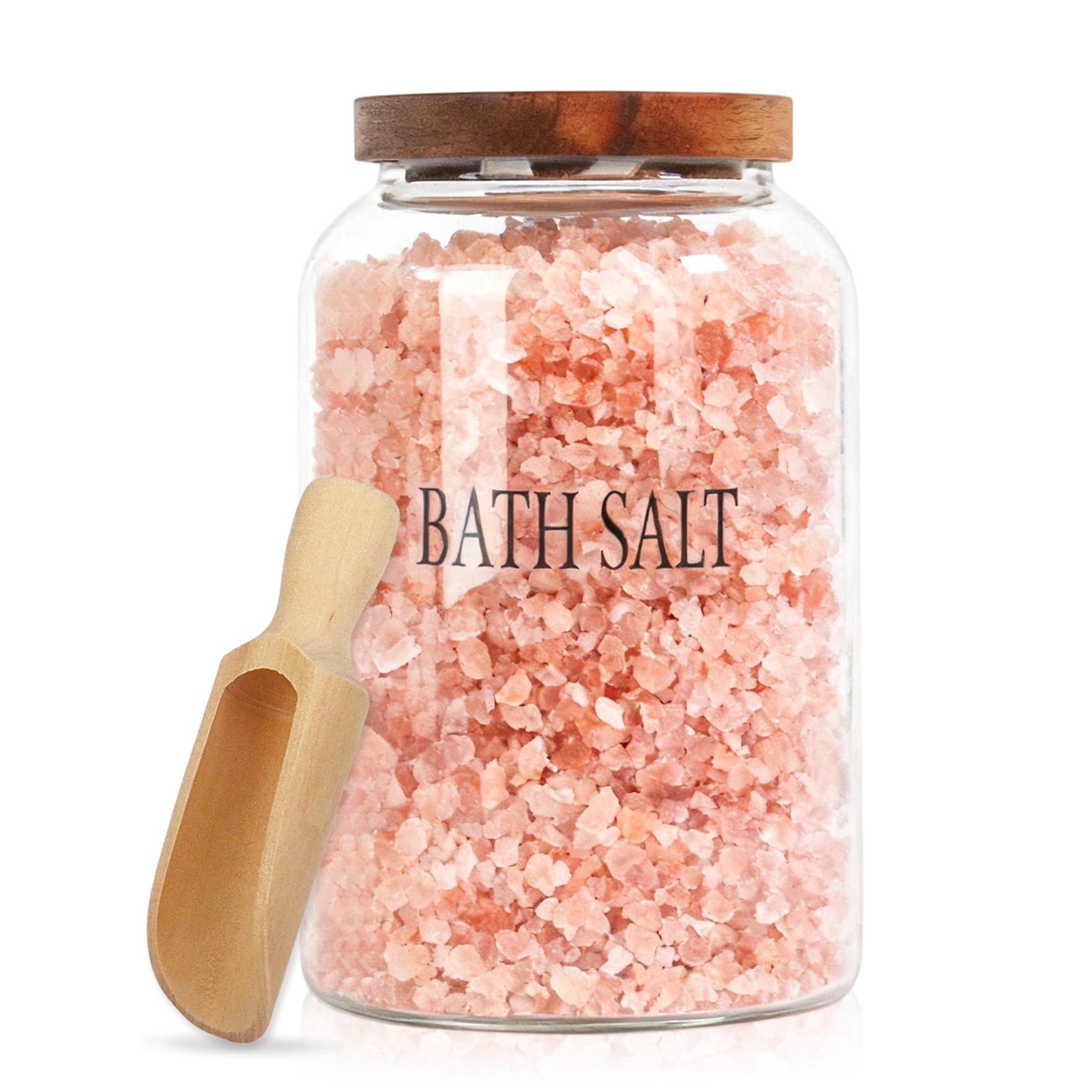 Klmnop Badesalz-Glasbehälter mit Holzdeckel und Schaufel, groß, luftdicht, Badesalzbehälter, Badezimmer-Aufbewahrungsbehälter für Frauen, Badewannendekoration (transparent)
