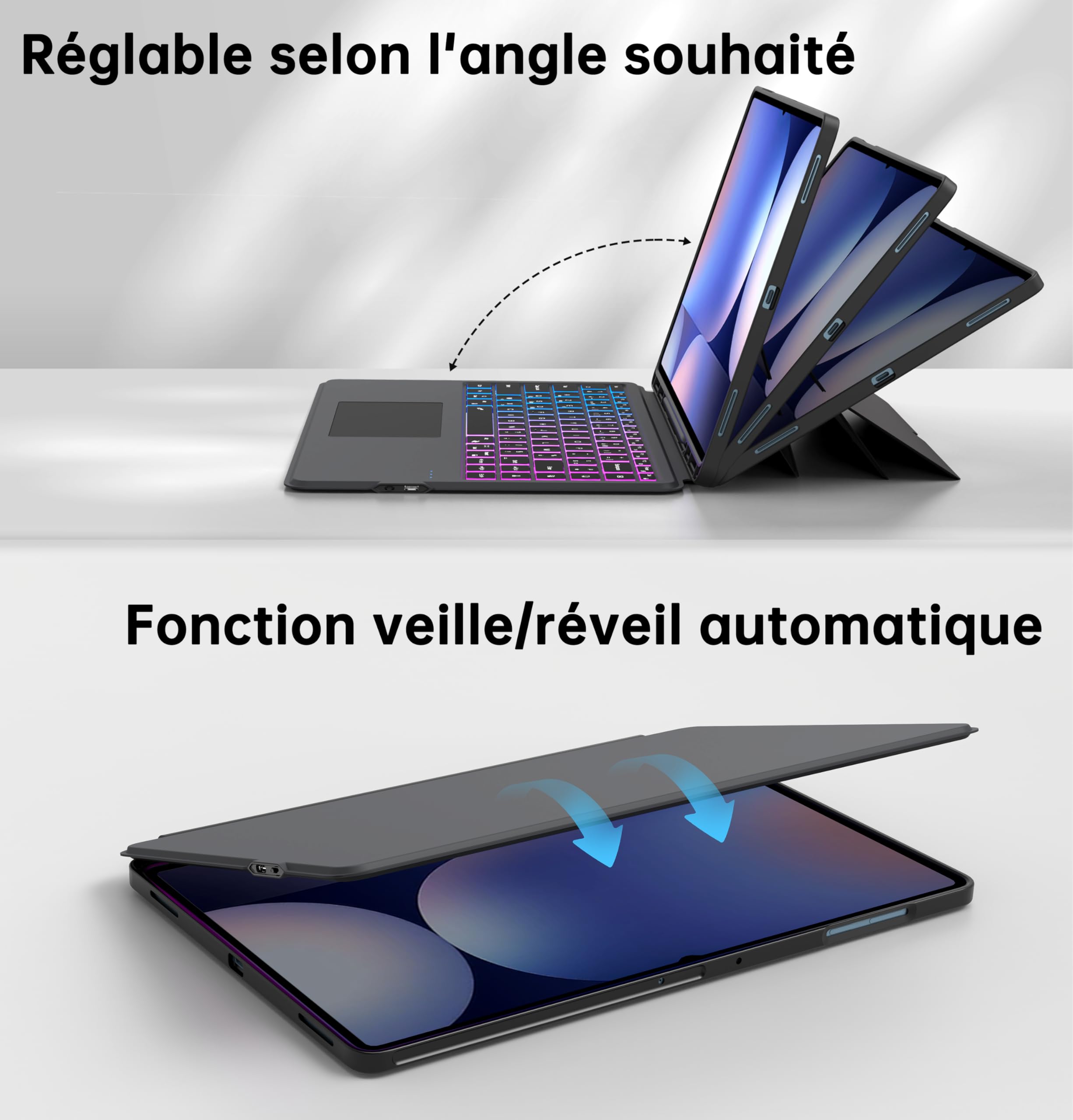 Coque Clavier pour Samsung Galaxy Tab S11 Ultra/S10 Ultra/S9 Ultra/S8 Ultra 14.6 pouces: 7 Couleur Rétro-éclairé Magnétique Clavier Détachable avec Trackpad | Claviers Azerty Français Sans Fil S9Ultra
