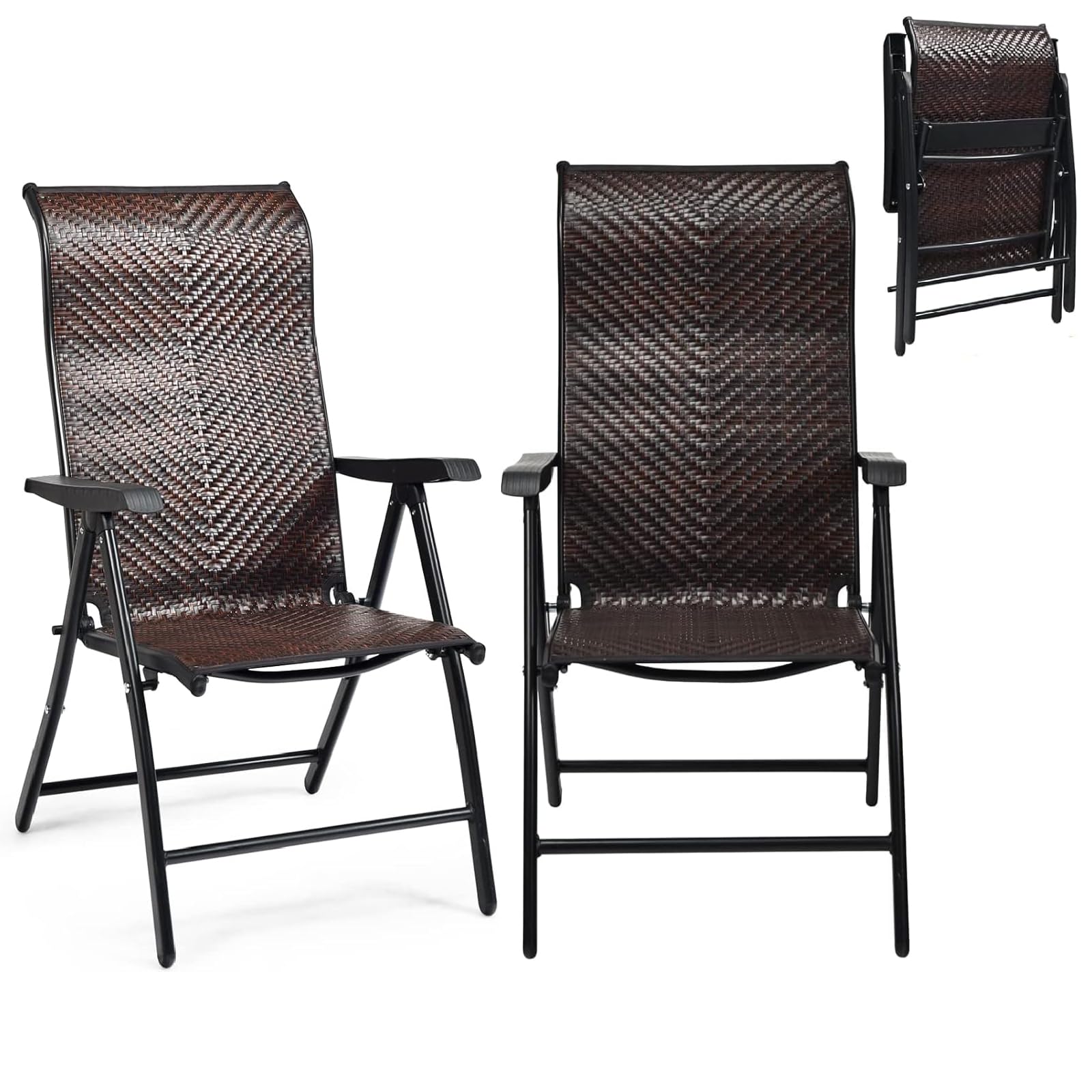 TANGZON Outdoor Rattan Folding Chairs, Patio Wicker Lounge Chairs Set with 5-Position Adjustable Backrest, Set of 1/2 Garden High Back Dining Seating for Backyard Poolside Porch (2)
