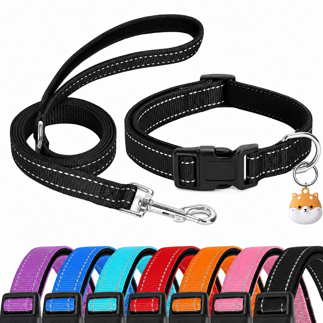 Collier réfléchissant pour chien rembourré néoprène avec laisse réglable nylon