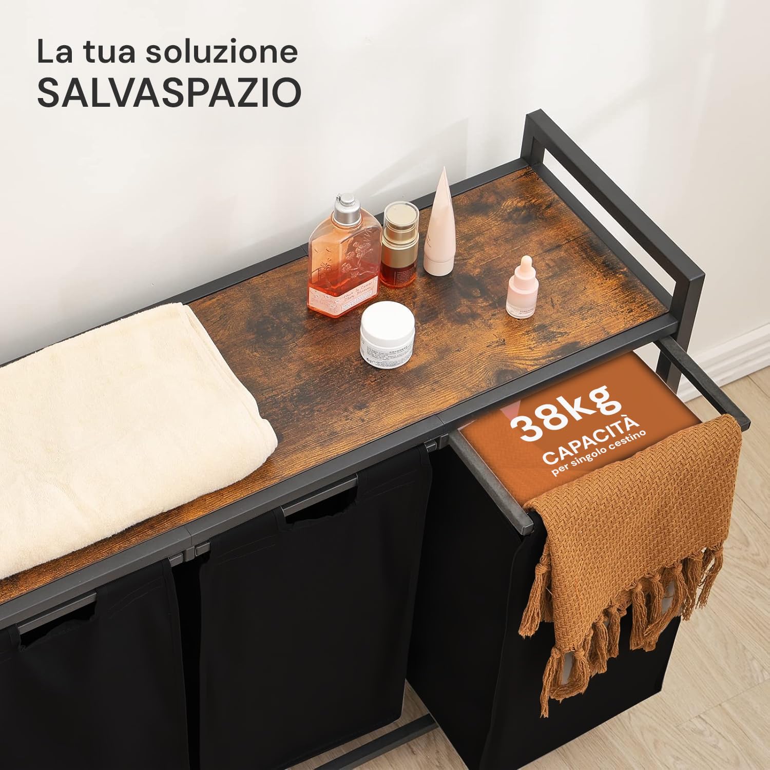 Cesto Portabiancheria Triplo con Sacchi Estraibili 3x38L, Ripiano Salvaspazio Nero-Grigio per Organizzazione Chiari e Scuri