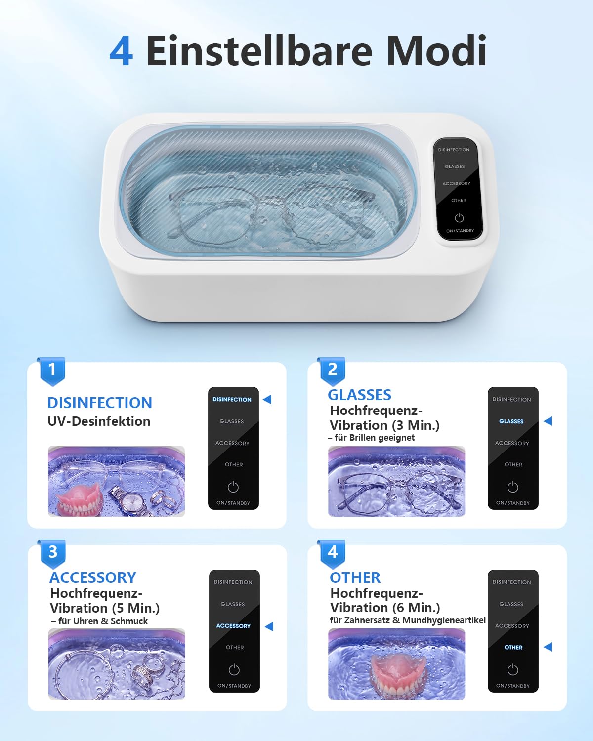 Ultraschallreinigungsgerät mit U-V, Ultraschallreiniger Brille,55KHz Schmuckreiniger Ultraschall, 350ML Ultraschall Reinigungsgerät, Cleaner mit 4 Modi für Schmuck, Zahnschiene, Schmuck,Uhren
