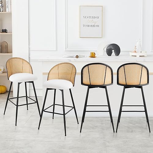 Swivel Bar Stools Set of 4, Mid Century Modern 29" Bar Chairs with Rattan Back and Metal Legs, Upholstered Boucle Fabric Barstools Island Stools for Kitchen Counter, Home Pub, White