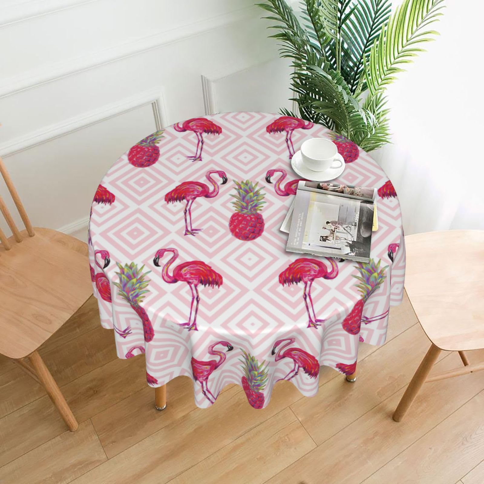 Zcmkjlg Pink Flamingo Pineapple Print Quick Ship Round Tablecloth 60in Polyester Washable Cover for Dining Room