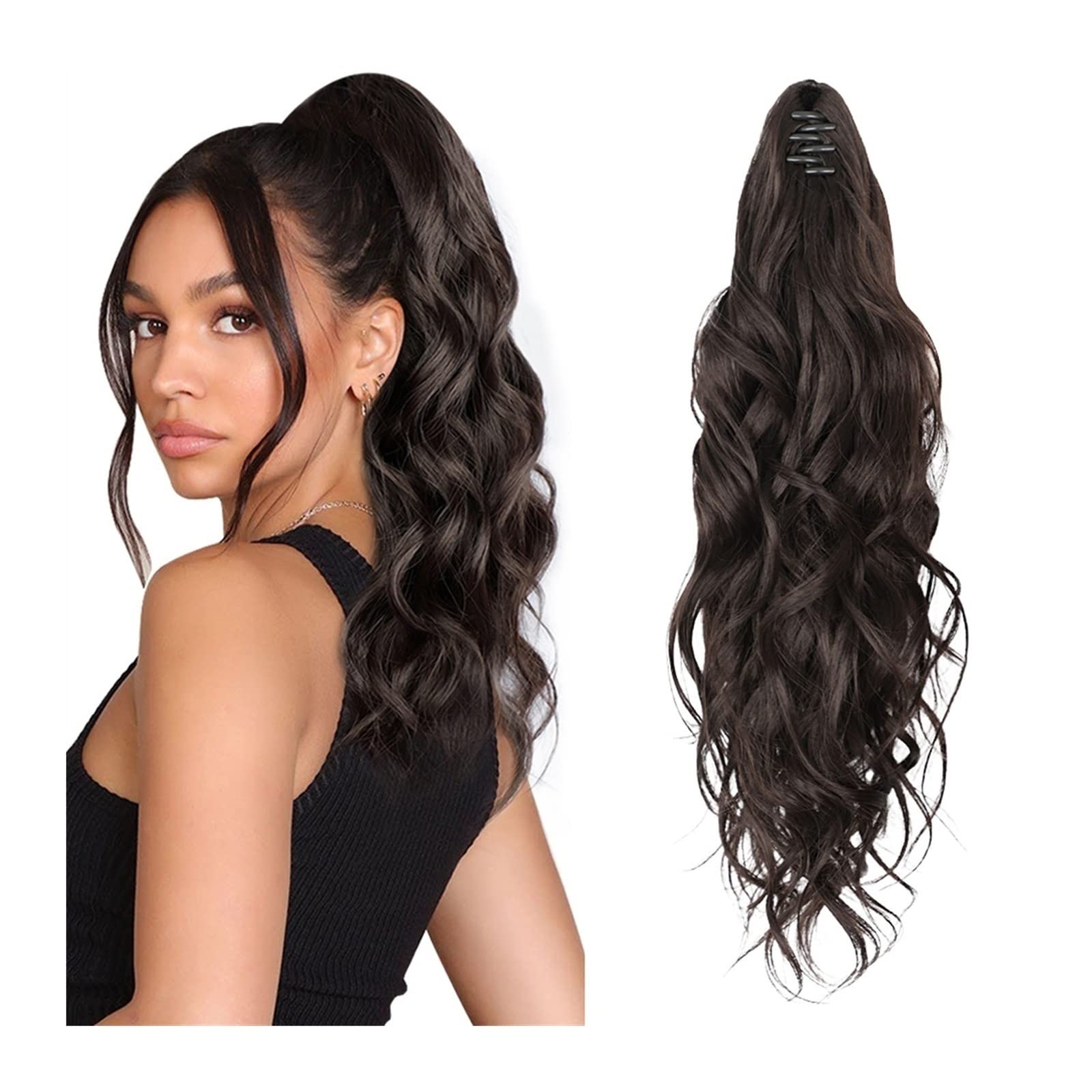 Extension a coda di cavallo, capelli ondulati lunghi e ricci, clip mascella artiglio, extension sintetiche per donne, coda ondulata sintetica, 50,8 cm, per uso quotidiano e feste (marrone scuro)